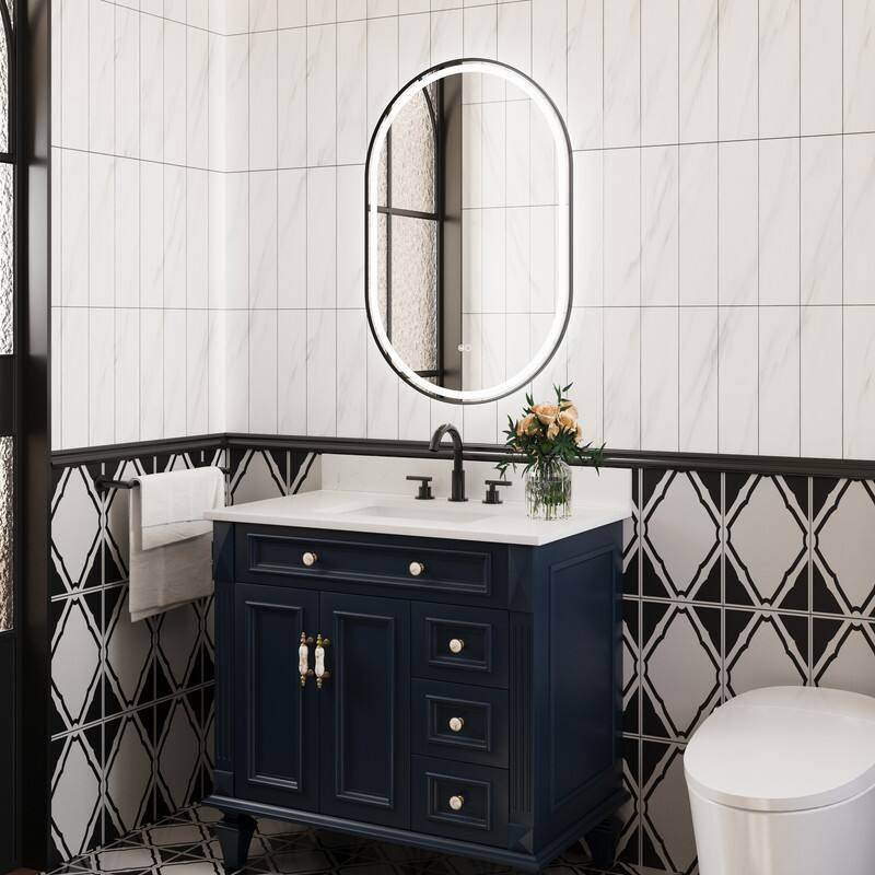 Angle. WELLFOR - 24 in x 36 in Oval Framed LED Bathroom Vanity Mirror with Anti-Fog, Wall-Mounted Mirror with Front and Backlit LED - Matte Black.