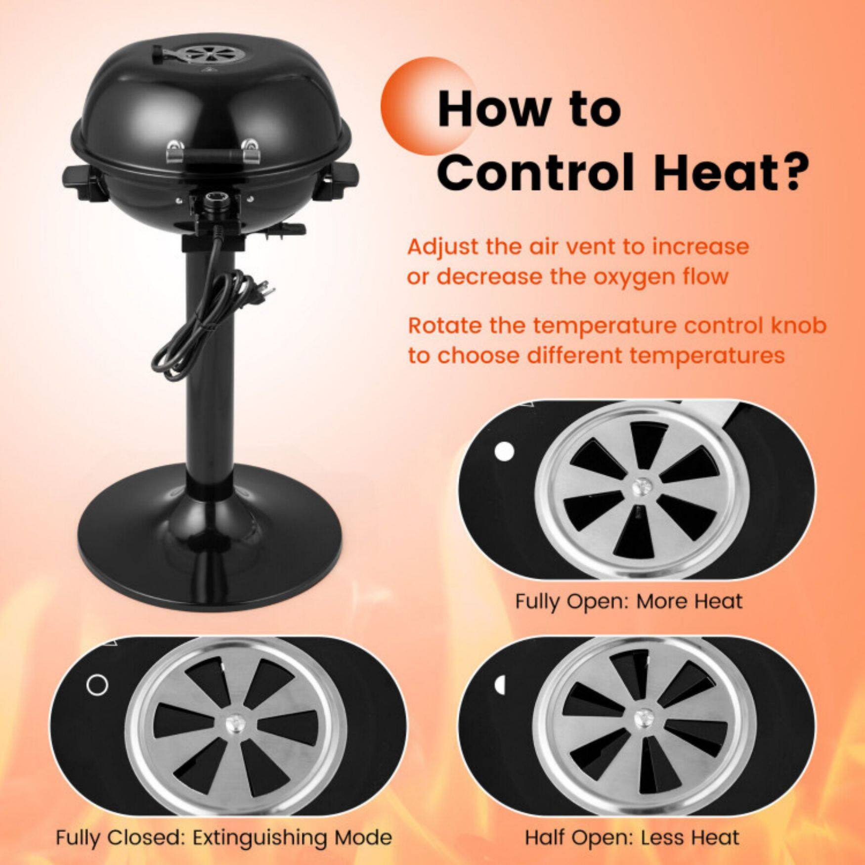 How to Control Heat?

Adjust the air vent to increase or decrease the oxygen flow

Rotate the temperature control knob to choose different temperatures

- Fully Open: More Heat
- Half Open: Less Heat
- Fully Closed: Extinguishing Mode
