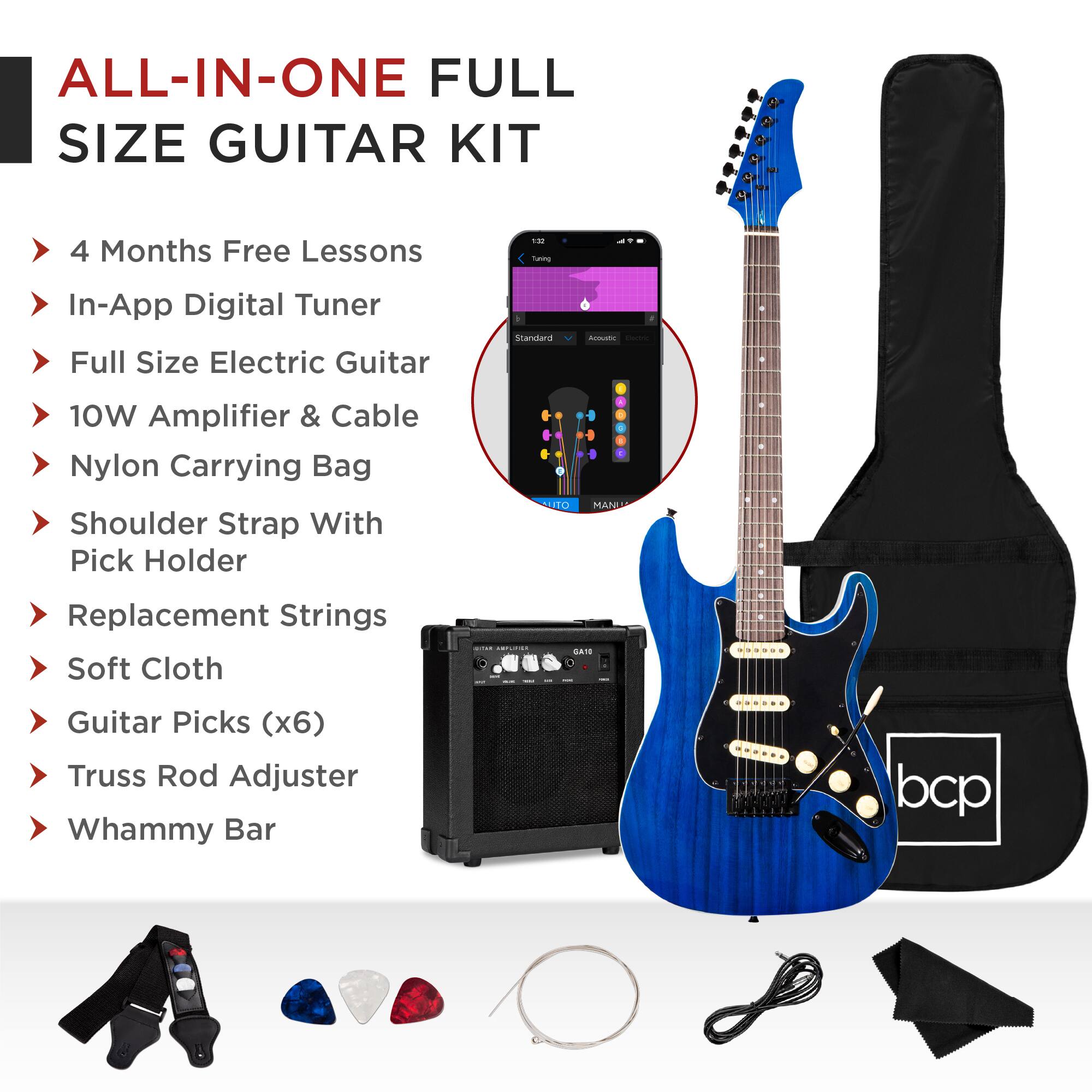 ALL-IN-ONE FULL SIZE GUITAR KIT

- 4 Months Free Lessons
- In-App Digital Tuner
- Full Size Electric Guitar
- 10W Amplifier & Cable
- Nylon Carrying Bag
- Shoulder Strap With Pick Holder
- Replacement Strings
- Soft Cloth
- Guitar Picks (x6)
- Truss Rod Adjuster
- Whammy Bar