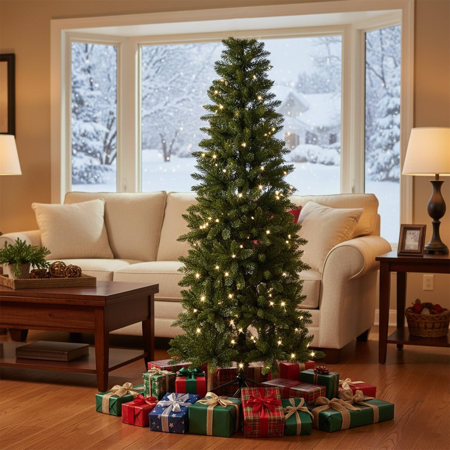 Front. Sweet - 6FT Artificial Hinged Slim Pencil Christmas Tree with Warm White Lights, Full Branch Tips - Green.