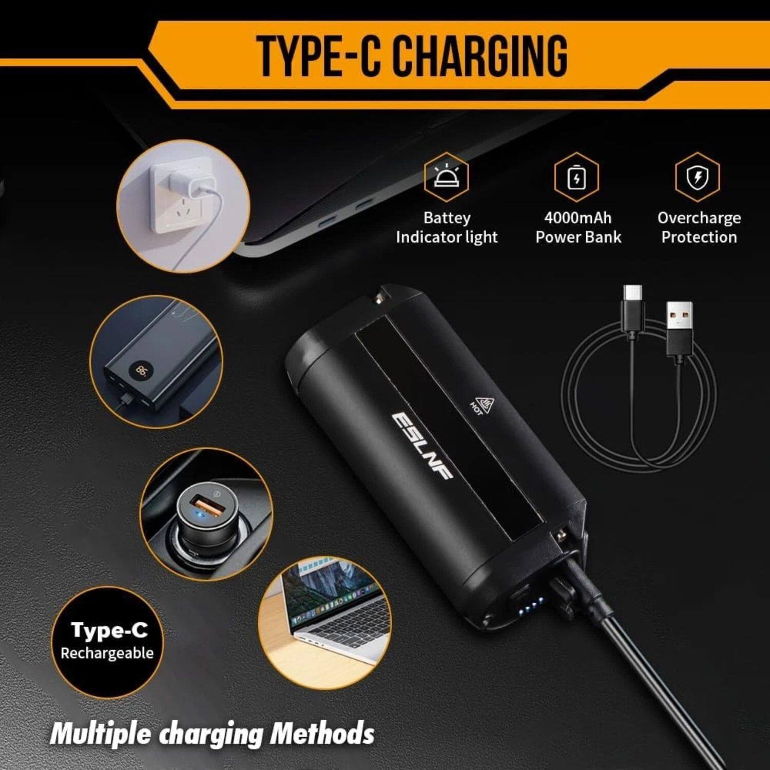 TYPE-C CHARGING

- Battery Indicator light
- 4000mAh Power Bank
- Overcharge Protection

Type-C Rechargeable

Multiple charging Methods