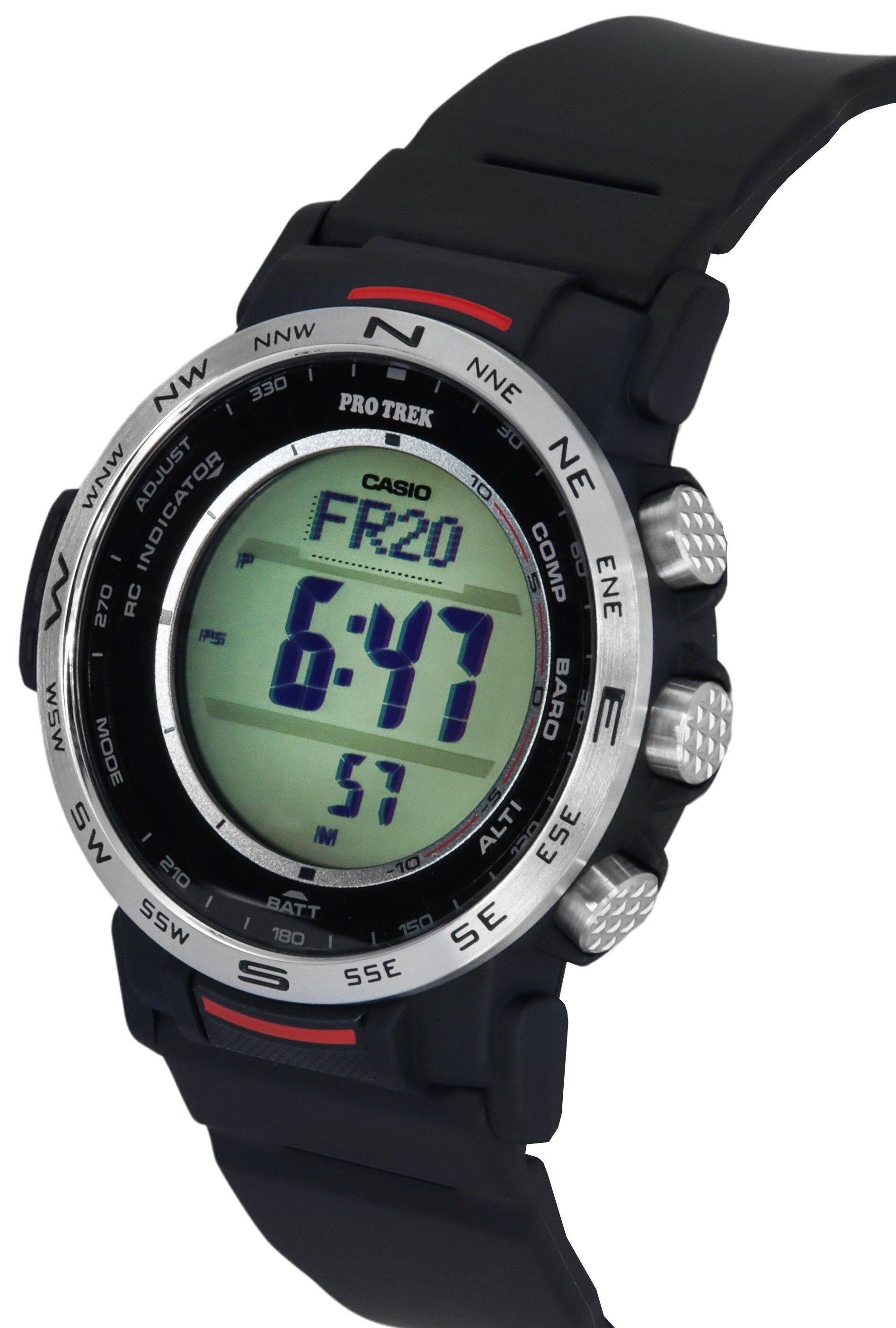 Sure, here is the corrected and grouped text from the image:

- **Brand and Model**: CASIO PRO TREK FR20
- **Time**: 6:47
- **Temperature**: 57
- **Barometer**: 8
- **Altitude**: 10
- **Compass**: 210 (ESE)
- **Battery**: 180
- **Mode**: 150 (SSE)
- **Adjust Indicator**: 270 (ENE)
- **Compass**: 330 (NNW)