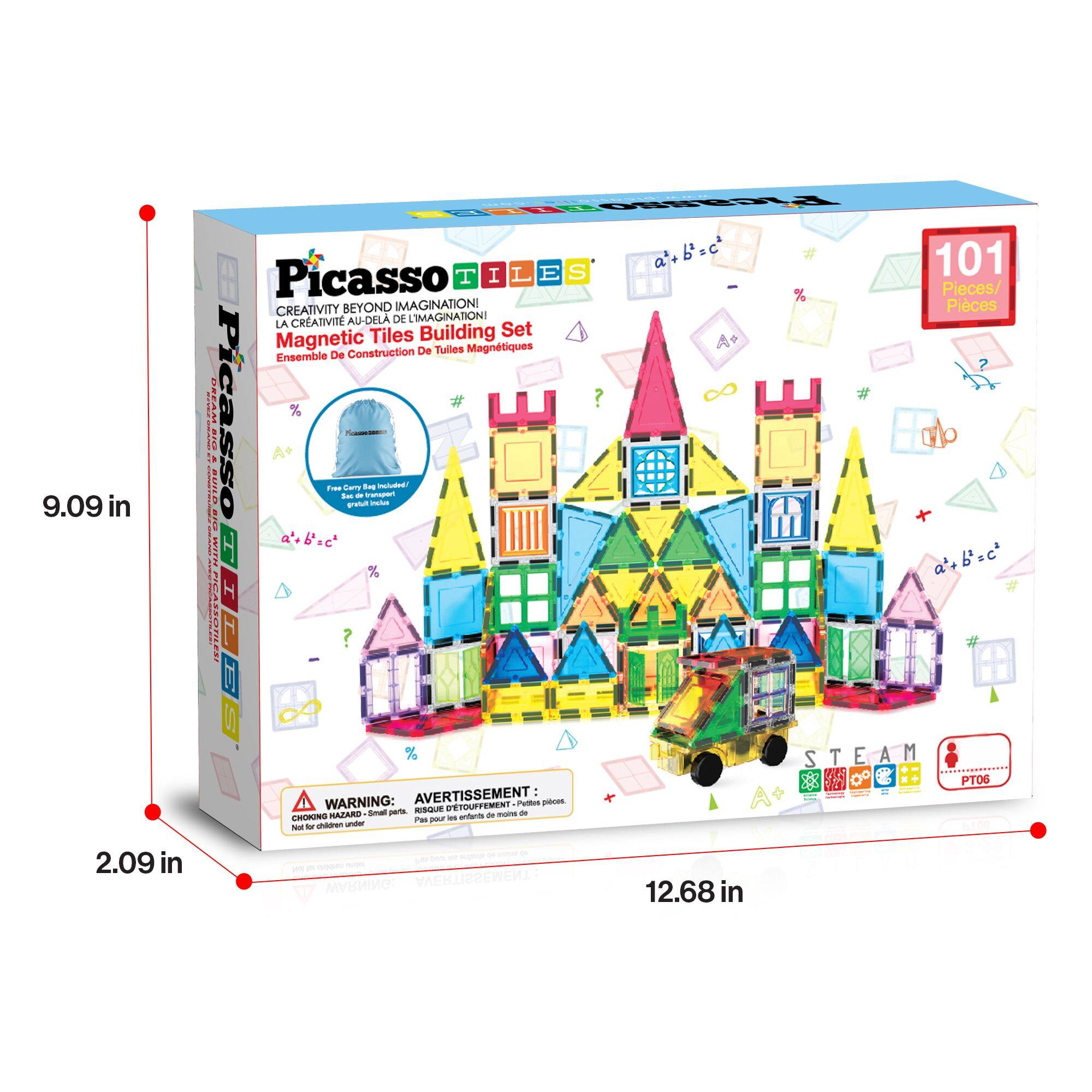 9.09 in Picasso Tiles Creativity Beyond Imagination Tiles Building Set Magnetic De Tulles Magntiques Ensemble De Construction : I Ficasso % : - I ! - Camy as matuarar -os - - -U + malun I c % I NPEARE  0 % WARNING: AVERTISSEMENT Pellun giors parte KISQUE ETOUFFEMENT HAPAR - entra - me - -N i p - - - - - a'+b=c A+ 101 Pieces/ Pices ? a'b=c b STEAM S n PT06 2.09 in  WARNING AVERTISSEMENT 12.68 in