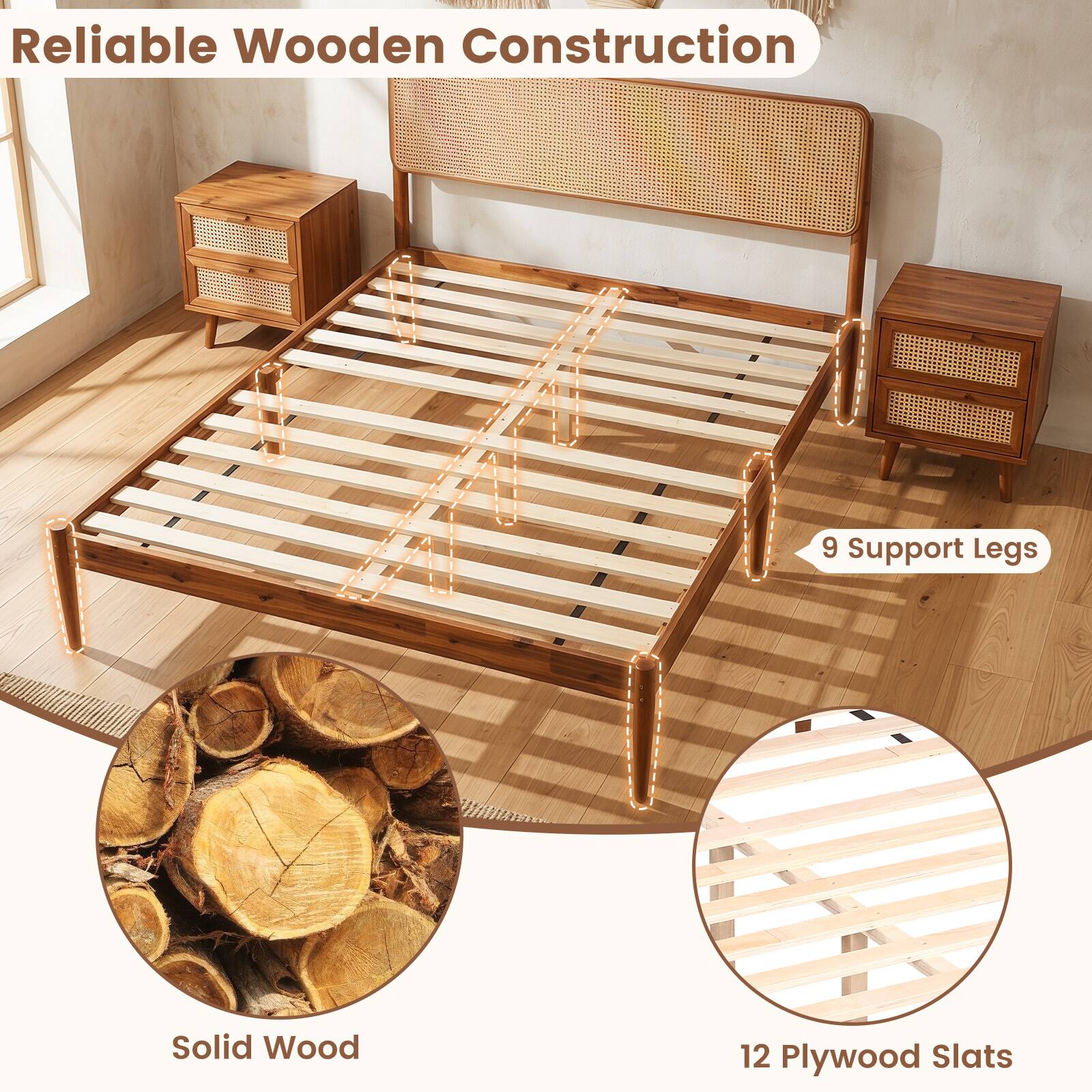 Reliable Wooden Construction  
9 Support Legs  
Solid Wood  
12 Plywood Slats