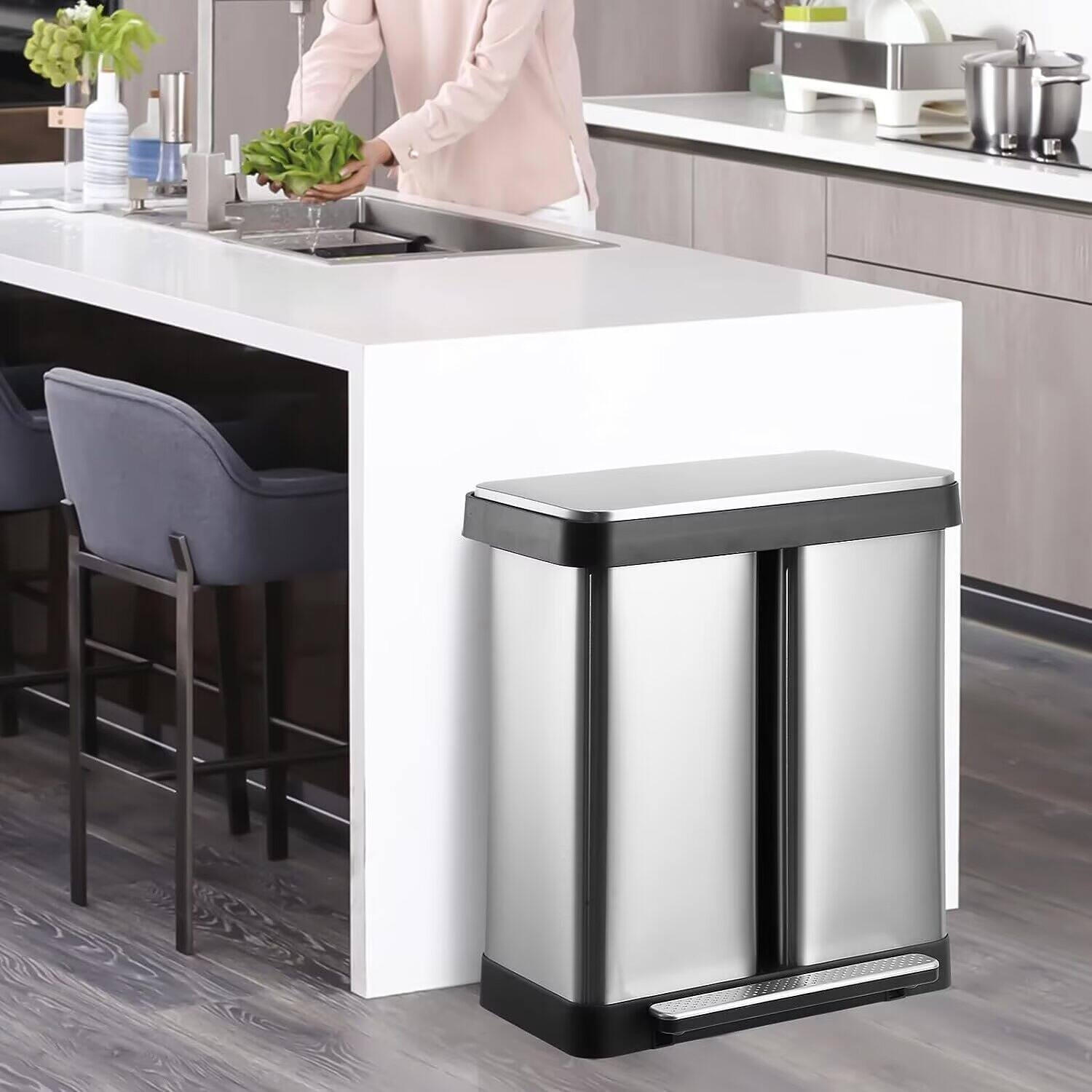 Back. Jojoka - 19 Gallon Dual Trash Can, 2 Compartment Stainless Steel Double Garbage Cans for Kitchen, 2 x 9.5 Gallons - Silver.