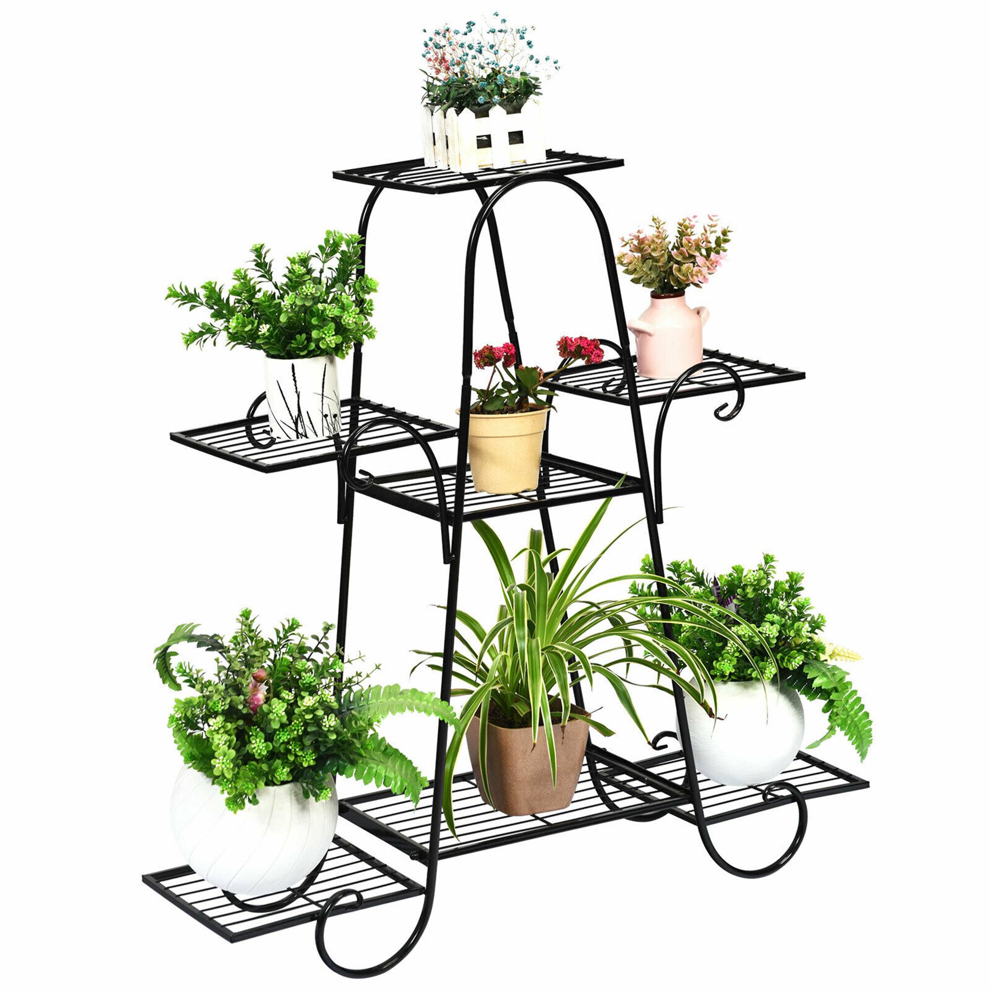 Front. Costway - 7 Tier Plant Stand Metal Shelf Multilayer Potted Display Rack Patio Garden - Black.