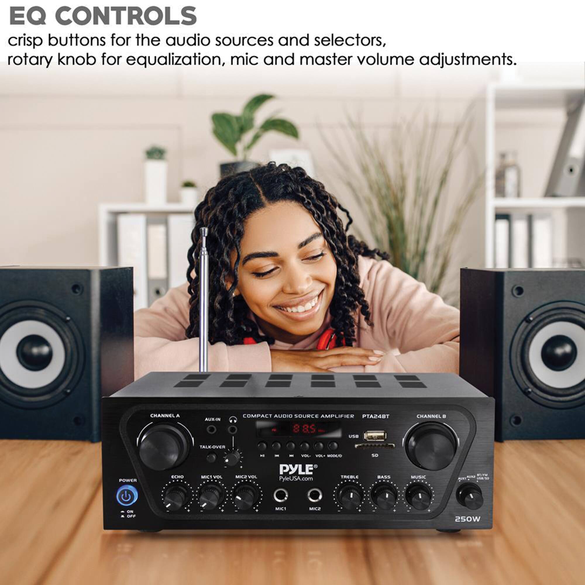EQ Controls: The compact audio source amplifier features crisp buttons for audio sources and selectors, a rotary knob for equalization, and mic and master volume adjustments.