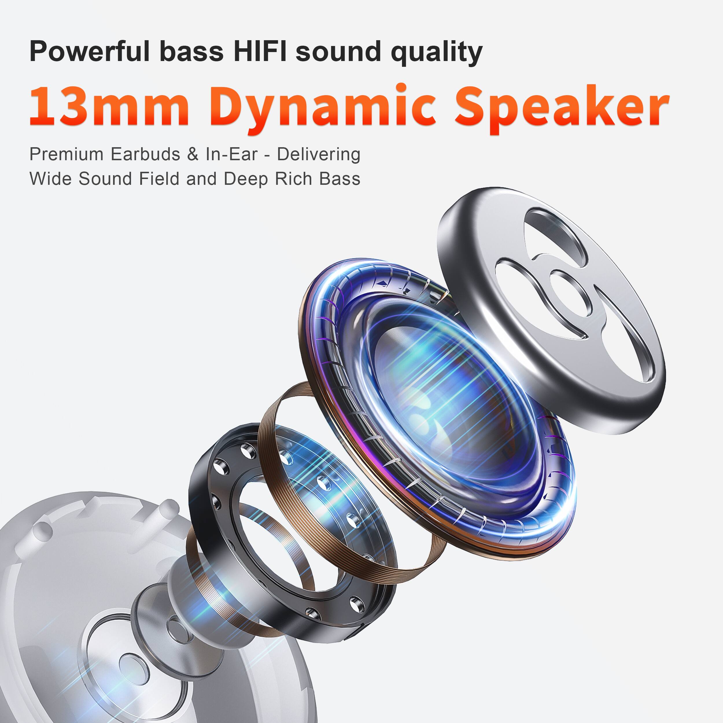 Powerful bass HIFI sound quality  
13mm Dynamic Speaker  
Premium Earbuds & In-Ear - Delivering Wide Sound Field and Deep Rich Bass