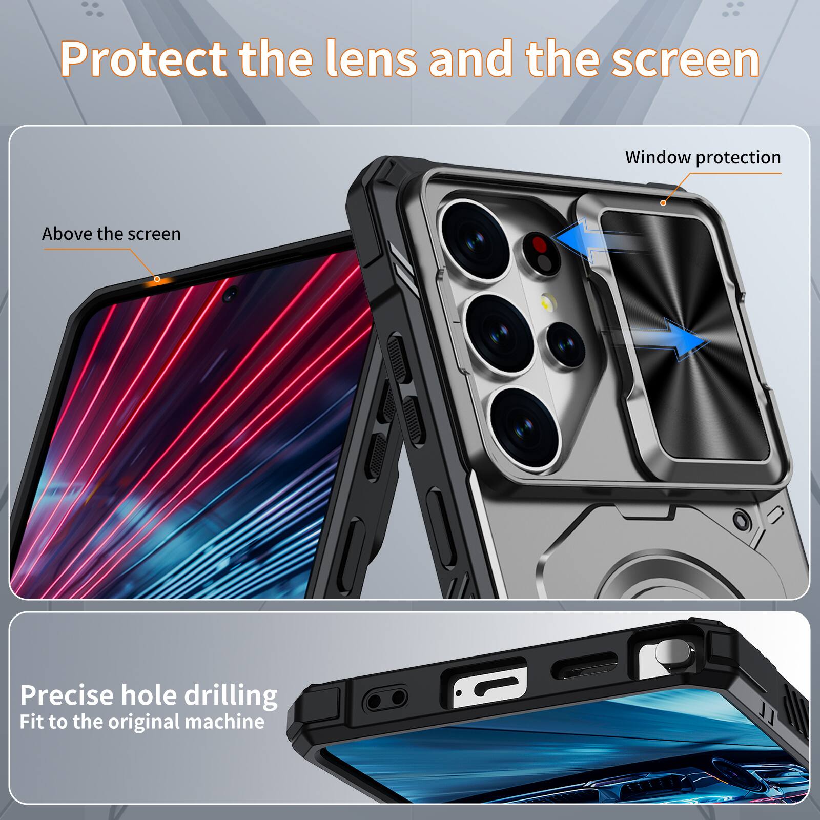 Protect the lens and the screen

Window protection

Above the screen

Precise hole drilling

Fit to the original machine