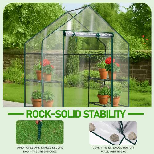 ROCK-SOLID STABILITY

WIND ROPES AND STAKES SECURE DOWN THE GREENHOUSE.

COVER THE EXTENDED BOTTOM WALL WITH ROEKS