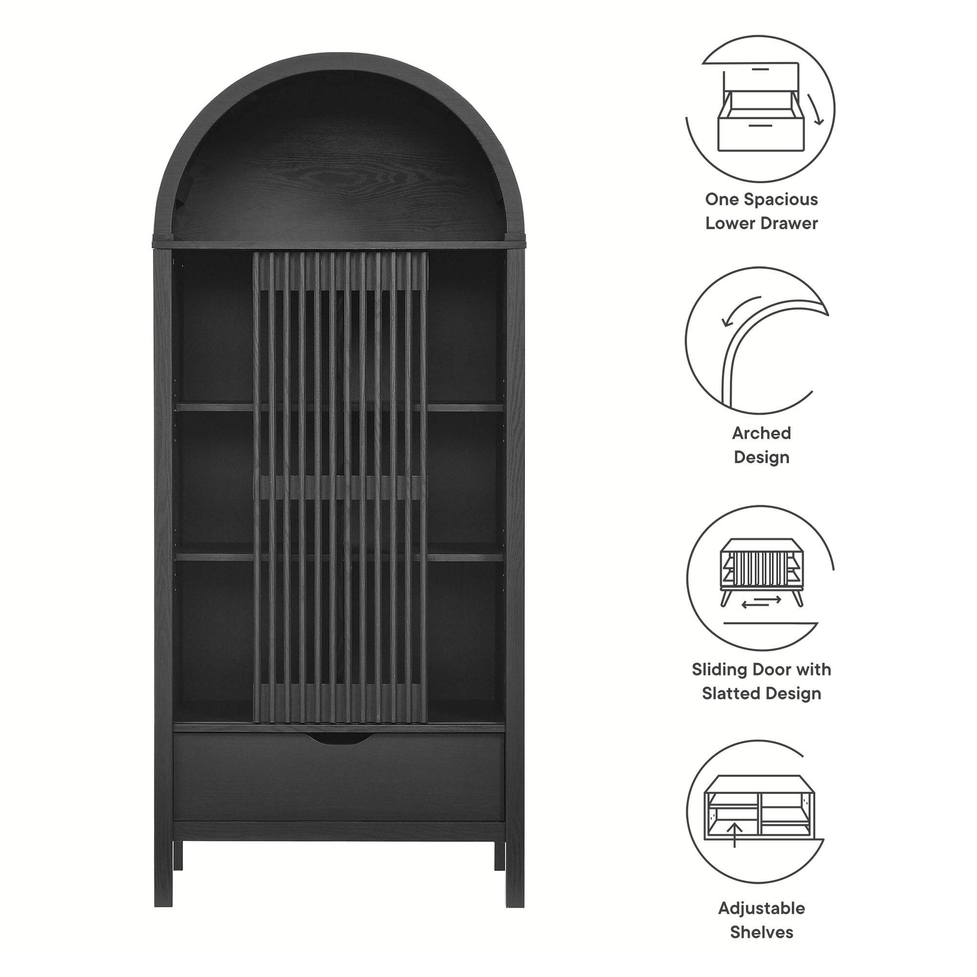One Spacious Lower Drawer  
Arched Design  
Sliding Door with Slatted Design  
Adjustable Shelves