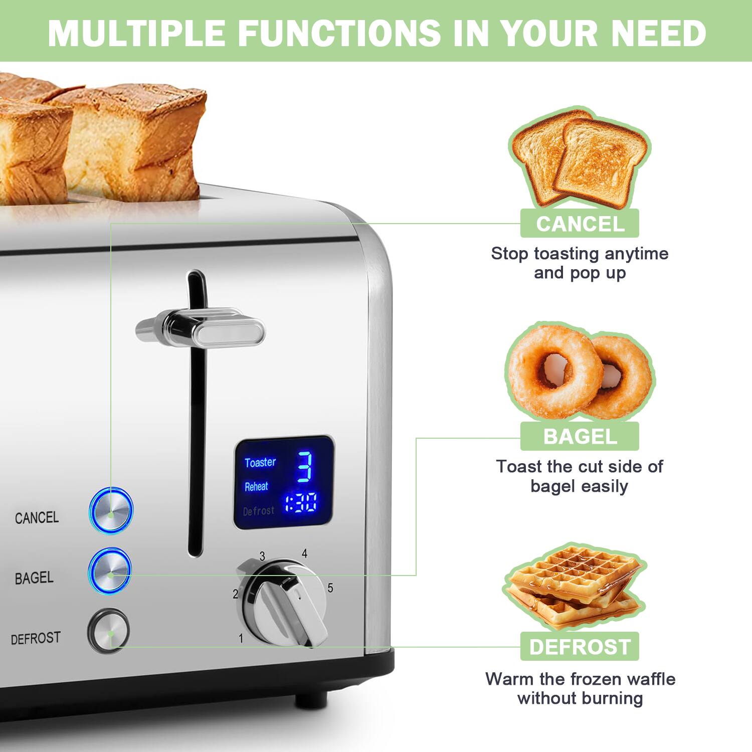 MULTIPLE FUNCTIONS IN YOUR NEED

- CANCEL: Stop toasting anytime and pop up
- BAGEL: Toast the cut side of bagel easily
- DEFROST: Warm the frozen waffle without burning

Toaster
Reheat
Defrost

3
1:30