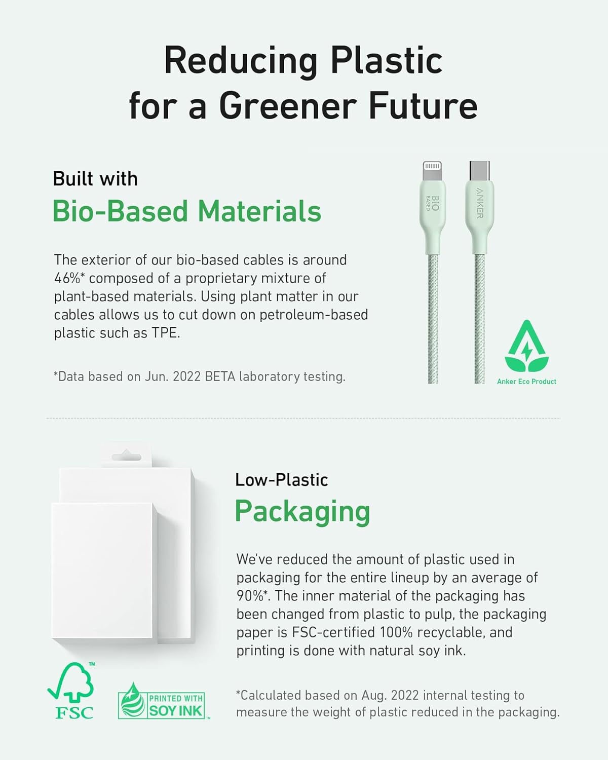 Reducing Plastic for a Greener Future

Built with Bio-Based Materials

The exterior of our bio-based cables is around 46%* composed of a proprietary mixture of plant-based materials. Using plant matter in our cables allows us to cut down on petroleum-based plastic such as TPE.

*Data based on Jun. 2022 BETA laboratory testing.

Low-Plastic Packaging

We've reduced the amount of plastic used in packaging for the entire lineup by an average of 90%*. The inner material of the packaging has been changed from plastic to pulp, the packaging paper is FSC-certified 100% recyclable, and printing is done with natural soy ink.

*Calculated based on Aug. 2022 internal testing to measure the weight of plastic reduced in the packaging.
