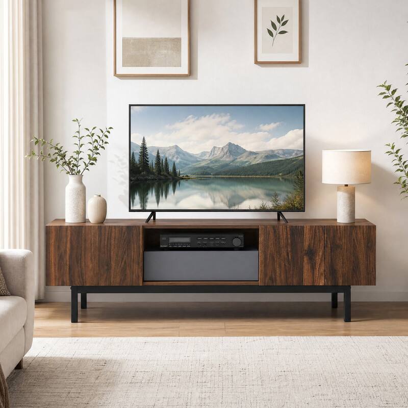 Angle. WELLFOR - Mid Century Modern Entertainment Center for TVs Up to 82", TV Stand Media Console with Drawer & Storage Cabinet - Walnut.