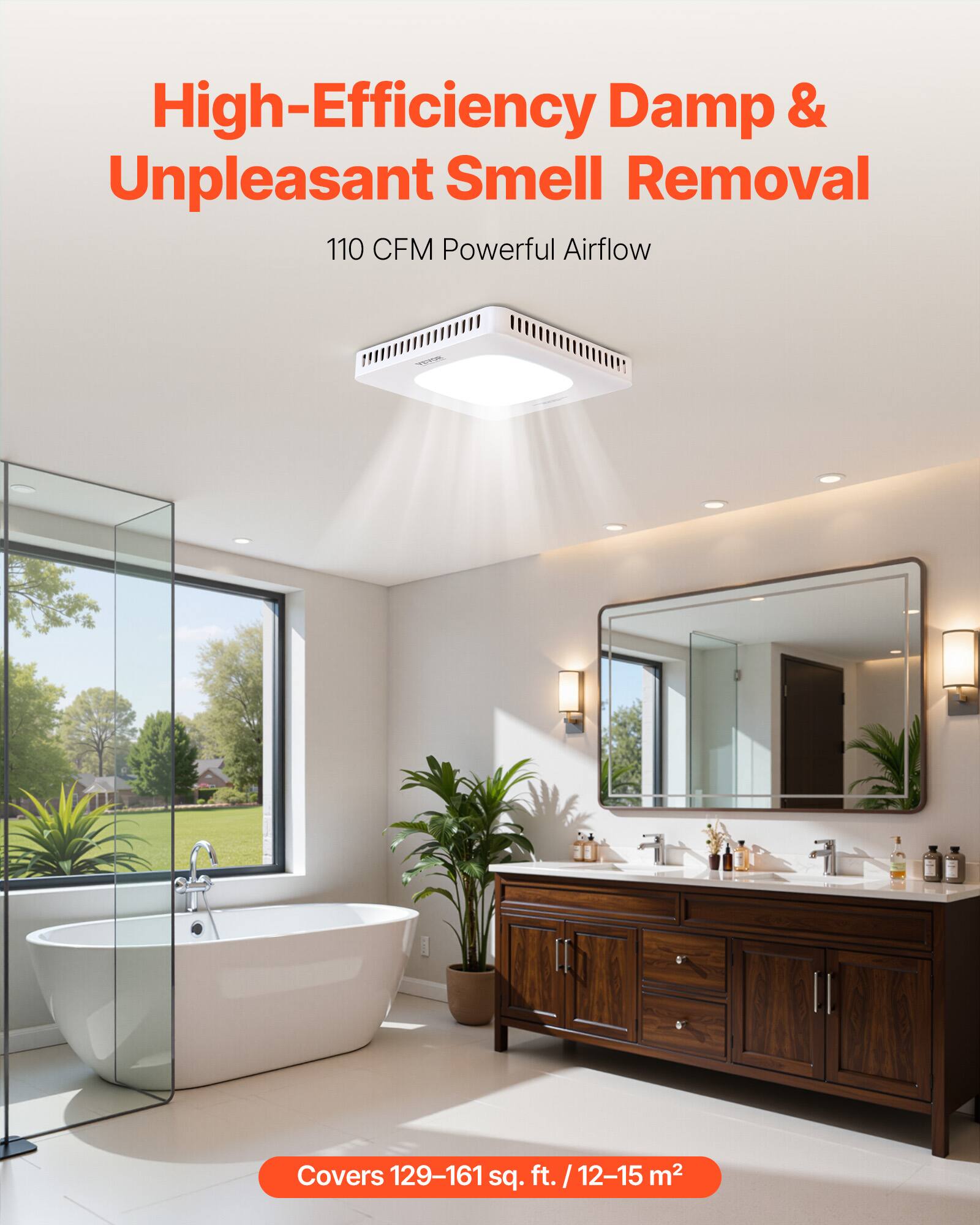 High-Efficiency Damp & Unpleasant Smell Removal  
110 CFM Powerful Airflow  
Covers 129-161 sq. ft. / 12-15 m²