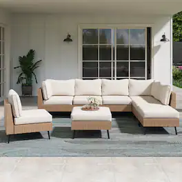 Yardgrace - 8 Piece Patio Conversation Set Outdoor Sectional Sofa PE Rattan Wicker 5in Olefin Cushions 2 Convertible Ottomans - Beige