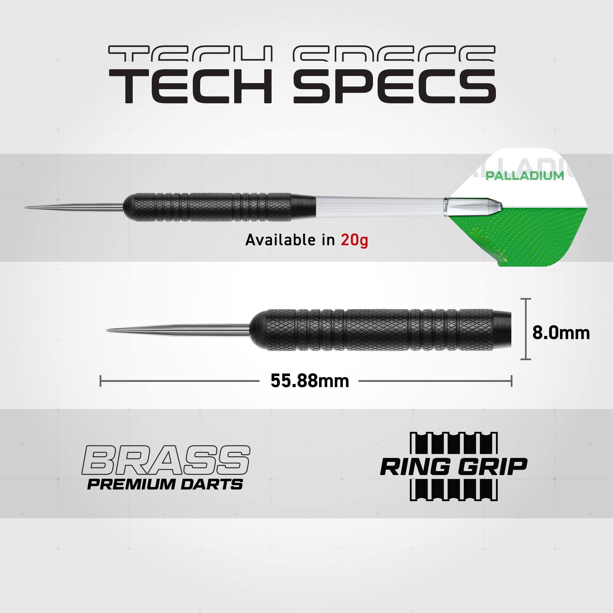 **TECH SPECS**

- Available in 20g
- 8.0mm
- 55.88mm

**BRASS PREMIUM DARTS**

**RING GRIP**

**PALLADIUM**