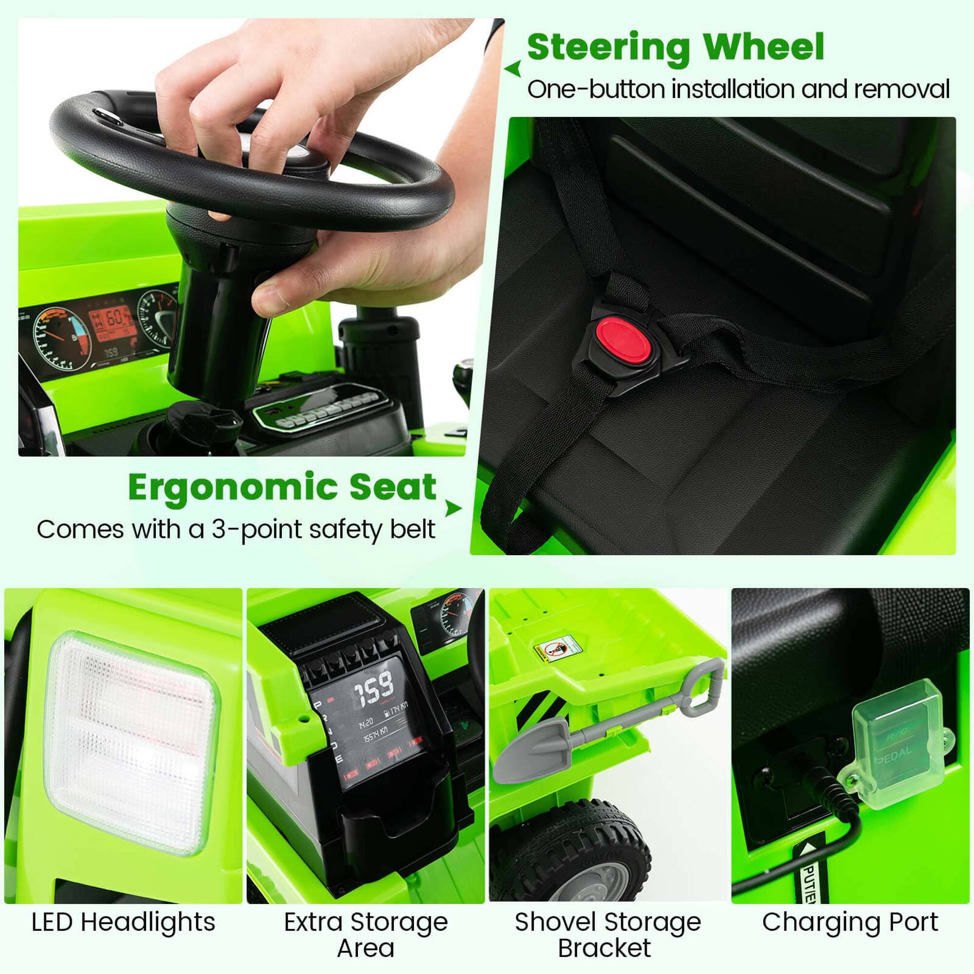 - Steering Wheel
  - One-button installation and removal

- Ergonomic Seat
  - Comes with a 3-point safety belt

- LED Headlights

- Extra Storage Area

- Shovel Storage Bracket

- Charging Port