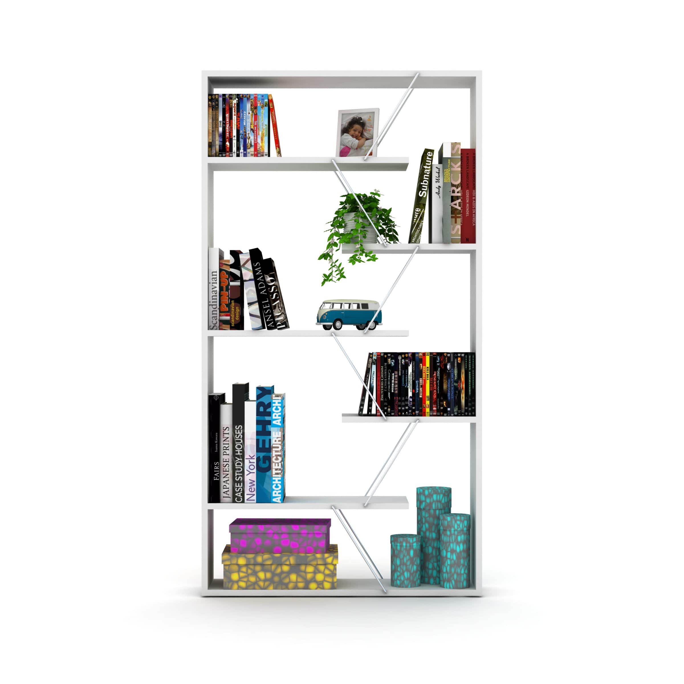 TinyHomie - Furnish Home Store Wood Frame Etagere Open Back 6 Shelves Bookcase Industrial Bookshelf - White