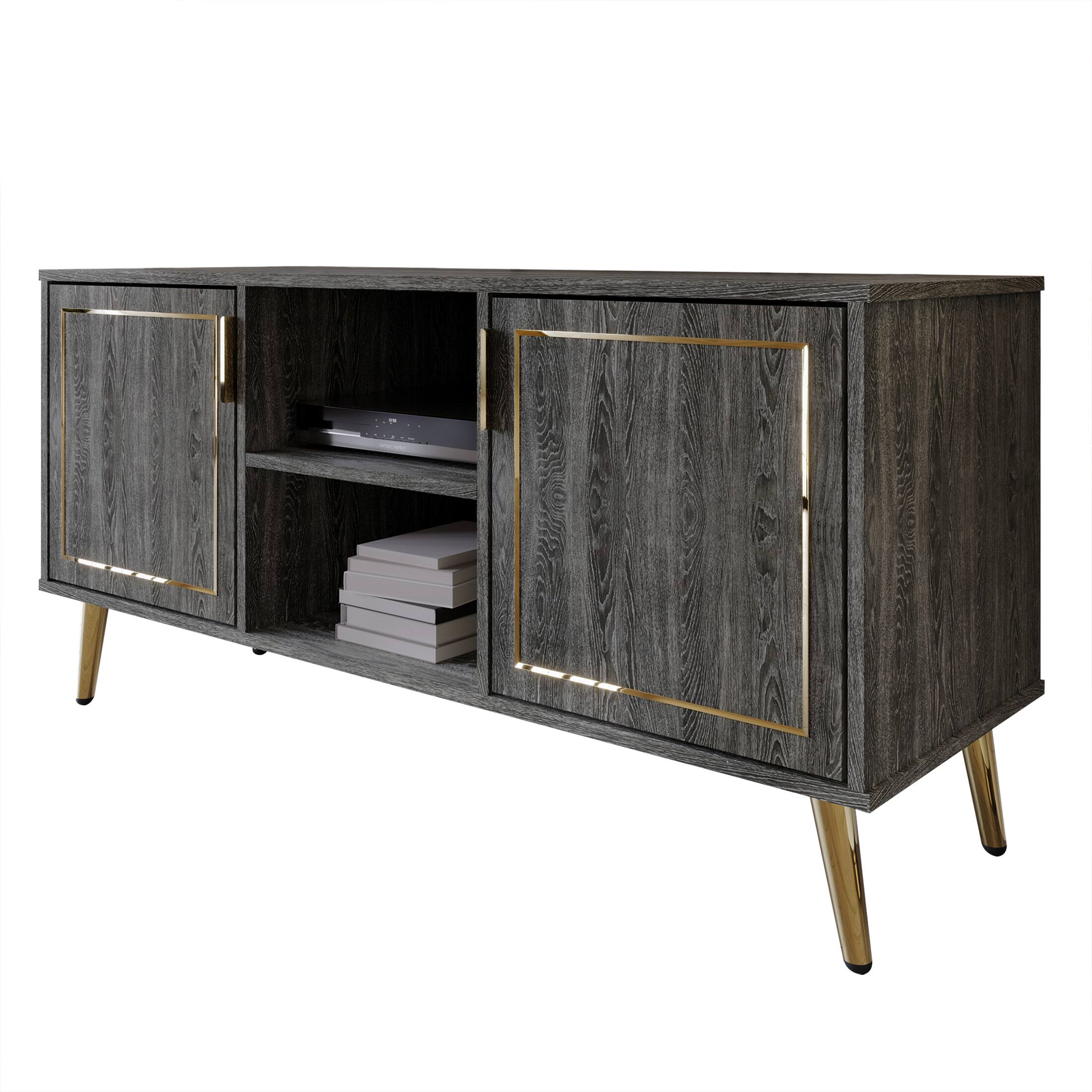 Alt View 1. ChaletPosh - Modern Wooden TV Stand Console with Gold Accent Strip, Dark Grey - Dark Grey.