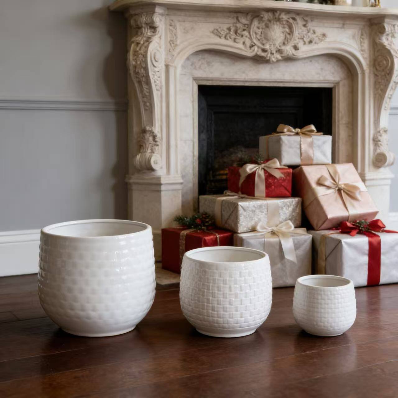 Left. Loheer - Loheer Ceramic Planter Set, Handmade White Textured Ceramic Planters for Orchids, Succulents, Indoor Outdoor.