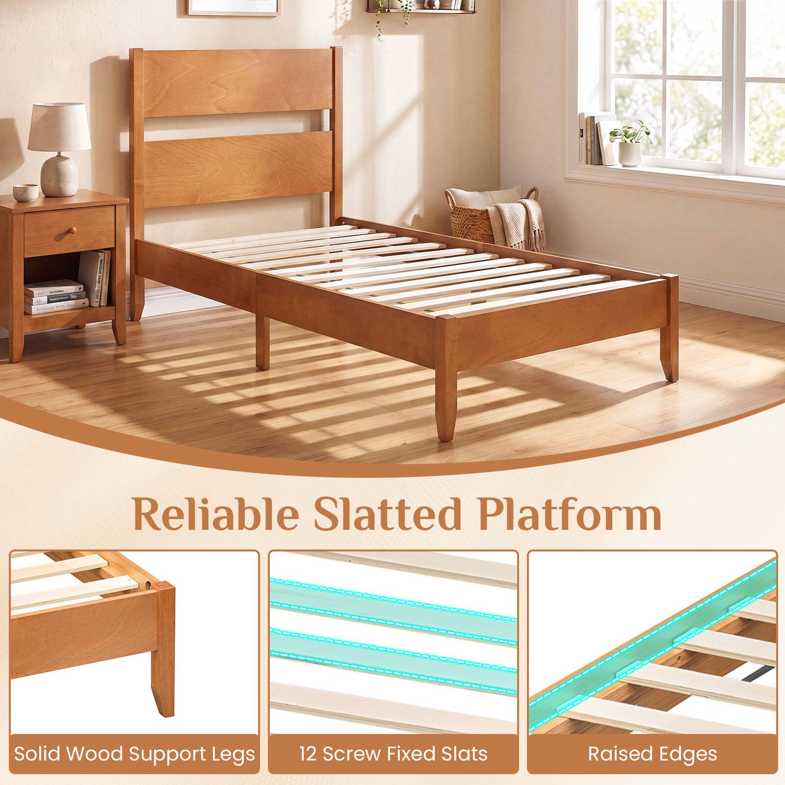 Reliable Slatted Platform

Solid Wood Support Legs

12 Screw Fixed Slats

Raised Edges