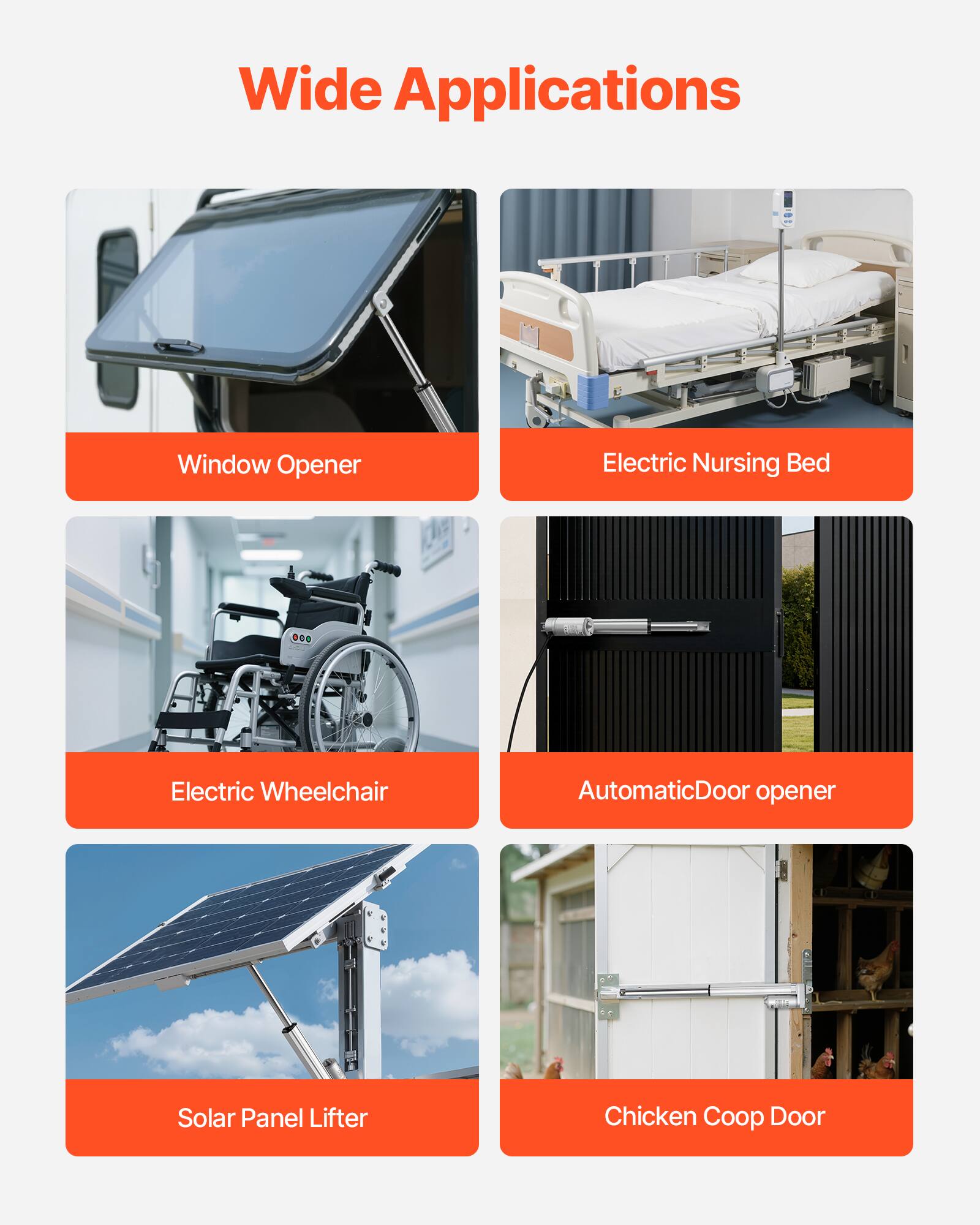 Wide Applications

- Window Opener
- Electric Nursing Bed
- Electric Wheelchair
- Automatic Door Opener
- Solar Panel Lifter
- Chicken Coop Door