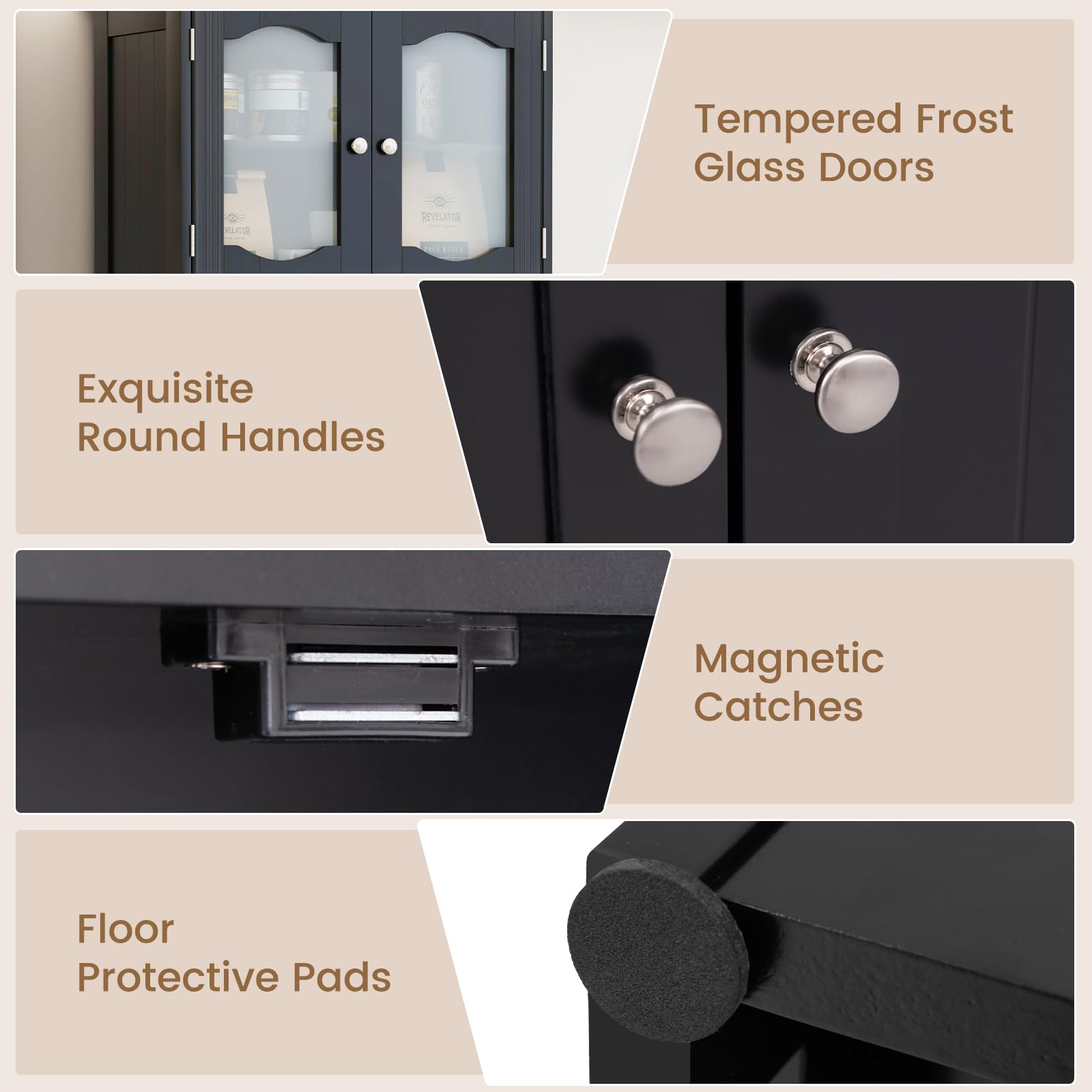 Tempered Frost Glass Doors, Exquisite Round Handles, Magnetic Catches, Floor Protective Pads