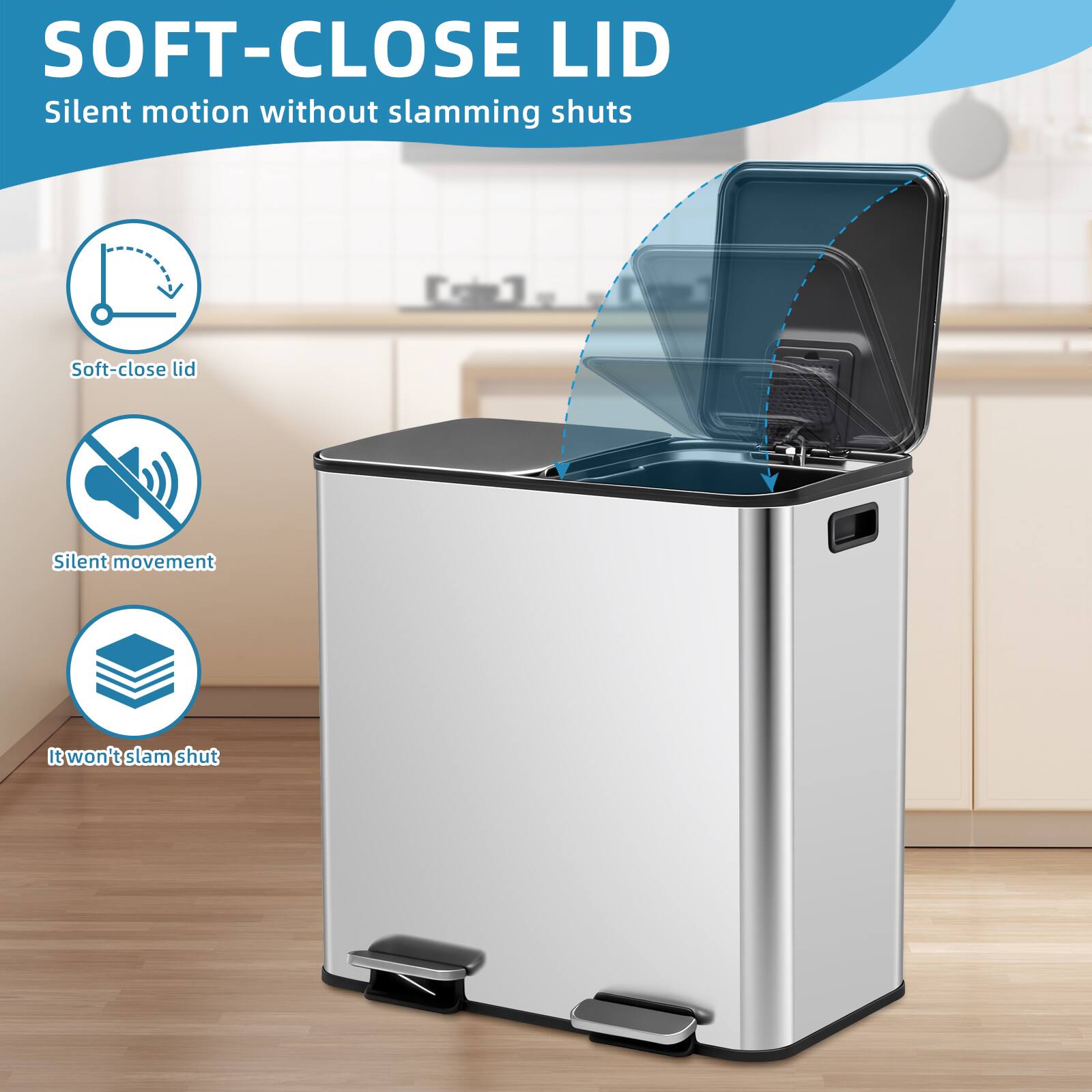 SOFT-CLOSE LID  
Silent motion without slamming shuts  

- Soft-close lid  
- Silent movement  
- It won't slam shut