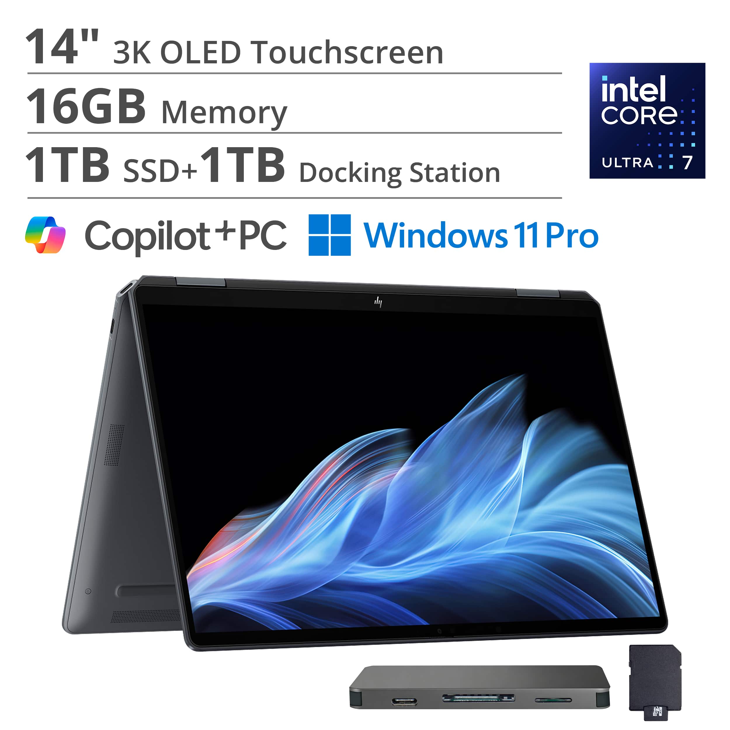 14" 3K OLED Touchscreen  
16GB Memory  
1TB SSD + 1TB Docking Station  
Intel Core Ultra 7  
Copilot+PC  
Windows 11 Pro