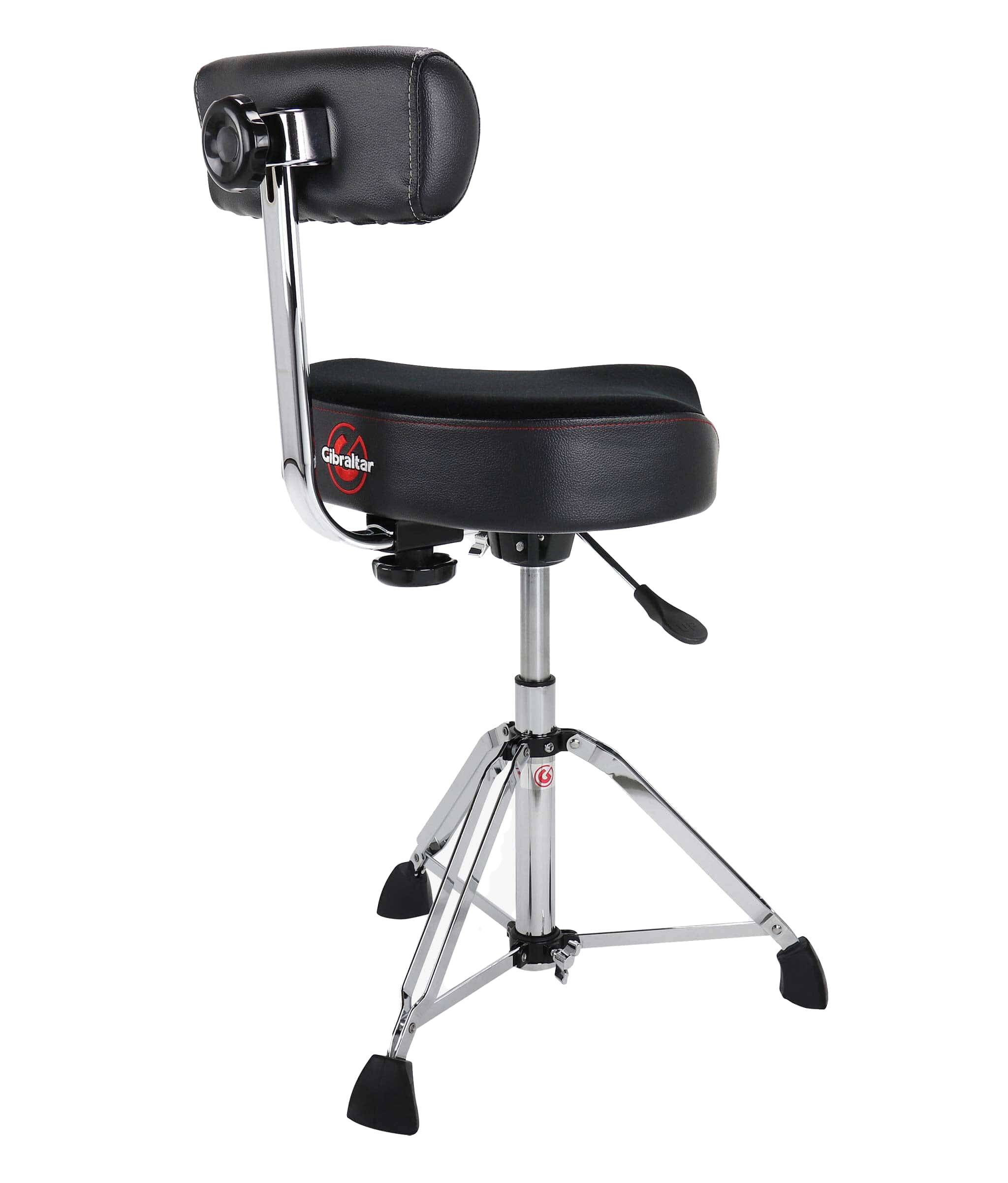 Alt View 1. Gibraltar Hardware - 9000 Series Hydraulic Saddle Drum Throne, 17" Cordura Seat, Adjustable Backrest, One-Touch Height Adjustment.