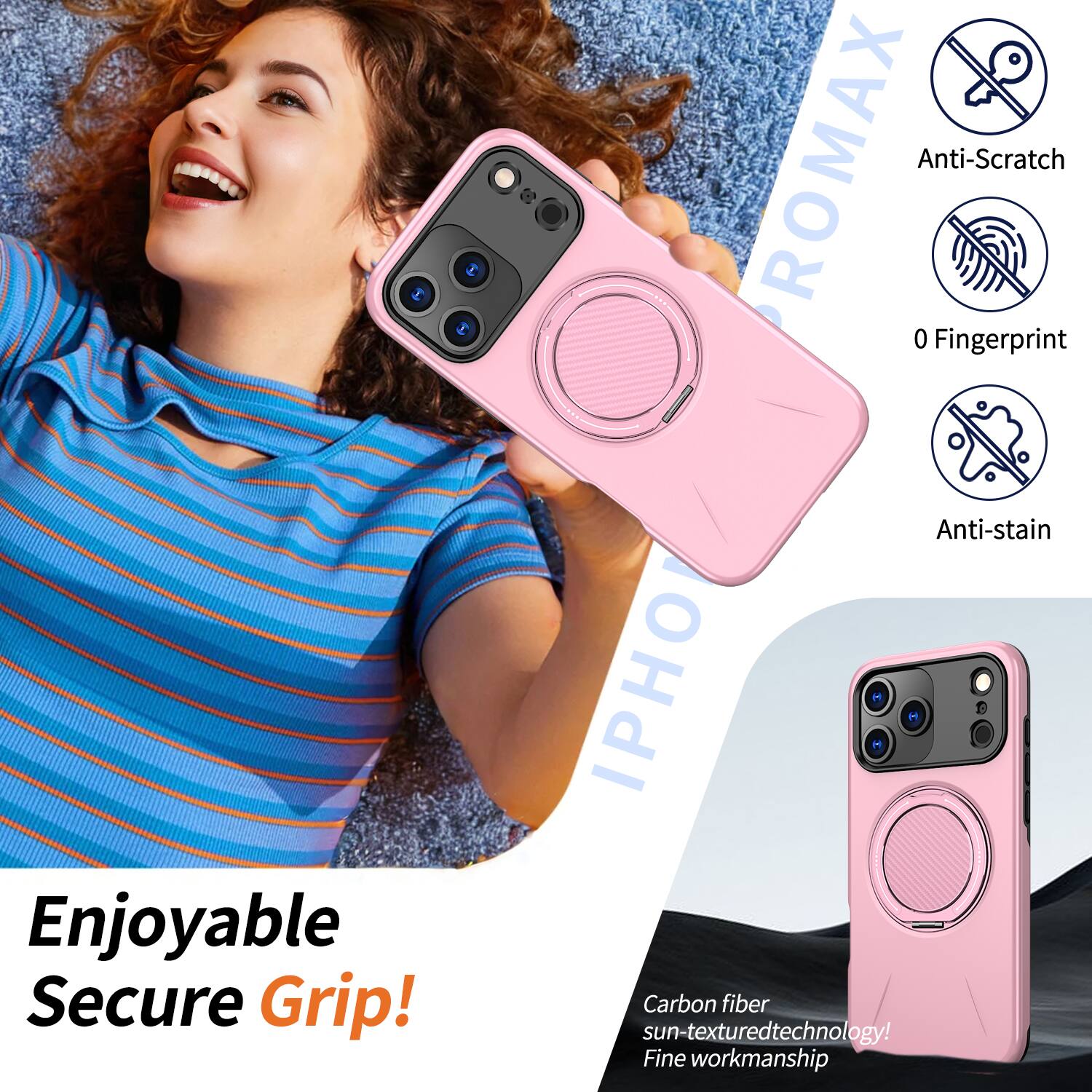 Enjoyable Secure Grip!  
ROMAX Anti-Scratch 0 Fingerprint Anti-stain IPHO Carbon fiber sun-textured technology!  
Fine workmanship