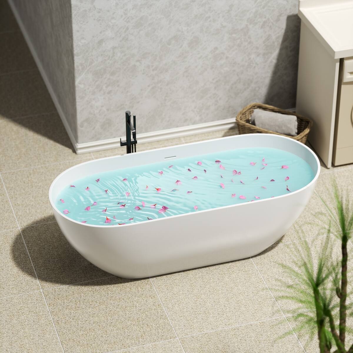 Front. Loheer - Loheer 63 in Freestanding Solid Surface Soaking Bathtub Matte White Oval Tub with Center Drain and Overflow - Matte White.