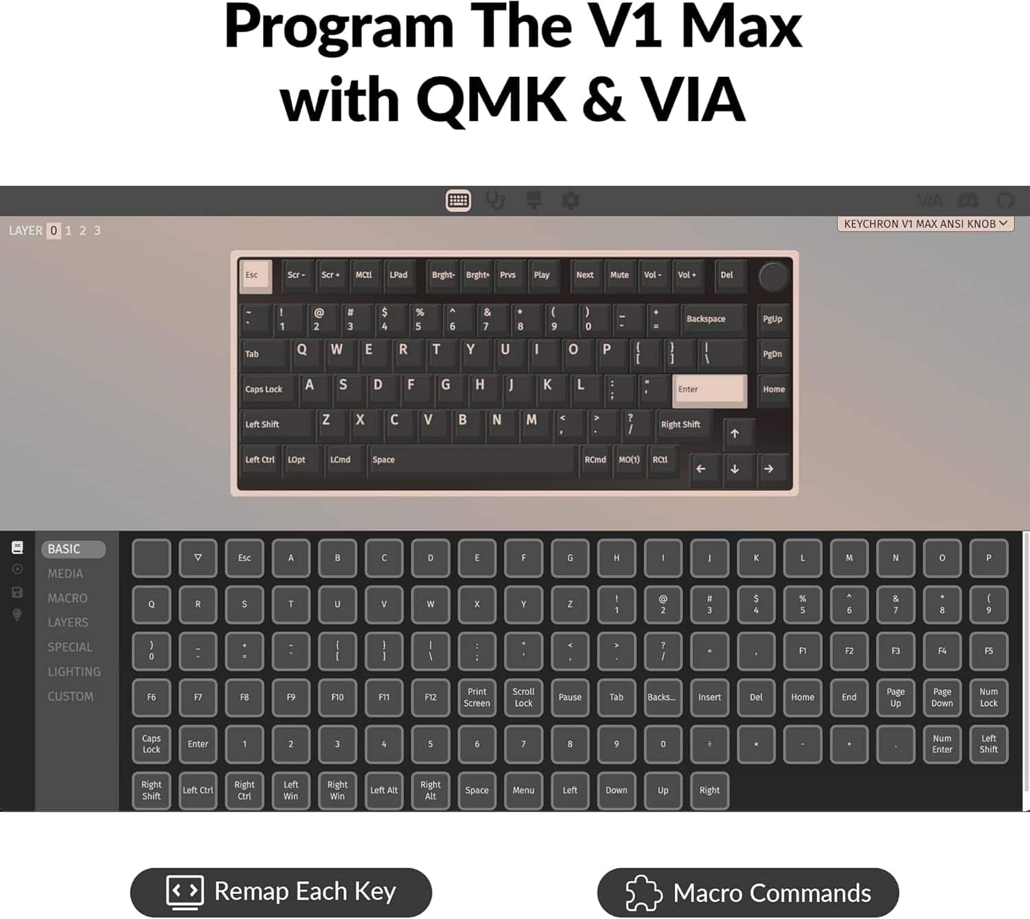 Program The V1 Max with QMK & VIA LAYER 0 1 2 3 KLYCHRON TV MAX ANSI KNOBI ESC Scr Sor MCH LPad Bright Bright PTVS Play Next Mute Vol Vol Del e 2 a 3 5 4 % 5 5 & 7 I 9 I e Backspace Pgup Tab Q W E R T Y U I o P I I I I PgDn Caps Lock A S D F G H I K L Enter Home Left Shift Z X V N M > ? I Right Shift Left Ctrl LOpt L0nd Space RCnd MOCO RCEI BASIC MEDIA Esc A D E G H M N 0 P MACRO LAYERS 0 5 - Y . 2 5 % 5 5 SPECIAL LIGHTING D : F1 F F3 T P CUSTOM FS F FB PS F10 FT1 F12 Print screen Scroll LOCK Pause Tab Backs. Insert Del Home End Page Up Page Down Num LOCk Caps Lock Enter 2 3 5 5 D Num Enter Left Shift Right sait Left Ctrl Right Win Left Win Right Win LettAlt Right Alt Space Menu Let Down Up Right Remap Each Key Macro Commands
