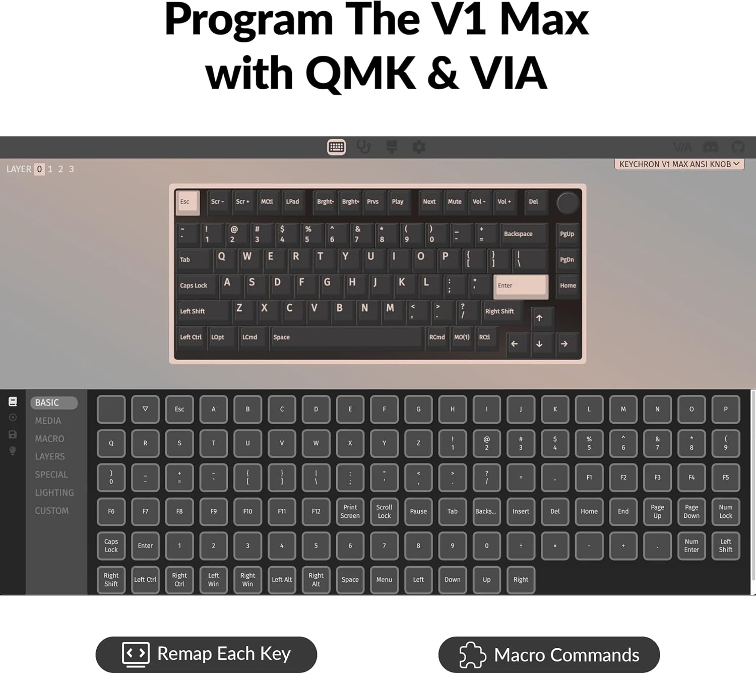 Program The V1 Max with QMK & VIA LAYER 0 1 2 3 KLYCHRON TV MAX ANSI KNOBI ESC Scr Sor MCH LPad Bright Bright PTVS Play Next Mute Vol Vol Del e 2 a 3 5 4 % 5 5 & 7  I 9 I e Backspace Pgup Tab Q W E R T Y U I o P I I I I PgDn Caps Lock A S D F G H I K L Enter Home Left Shift Z X  V  N M > ? I Right Shift Left Ctrl LOpt L0nd Space RCnd MOCO RCEI BASIC MEDIA Esc A   D E G H  M N 0 P MACRO LAYERS 0  5  - Y . 2 5 % 5 5 SPECIAL LIGHTING D : F1 F F3 T P CUSTOM FS F FB PS F10 FT1 F12 Print screen Scroll LOCK Pause Tab Backs. Insert Del Home End Page Up Page Down Num LOCk Caps Lock Enter 2 3 5 5 D Num Enter Left Shift Right sait Left Ctrl Right Win Left Win Right Win LettAlt Right Alt Space Menu Let Down Up Right Remap Each Key Macro Commands