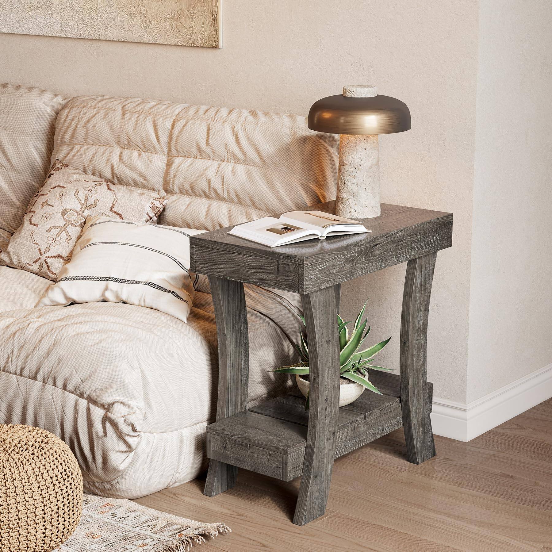 Alt View 1. Tribesigns - LITTLE TREE Narrow Side Table with Storage, 2-Tier Rectangular End Table - Grey.