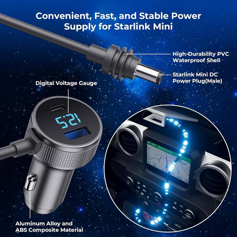Convenient, Fast, and Stable Power Supply for Starlink Mini

- High-Durability PVC Waterproof Shell
- Starlink Mini DC Power Plug (Male)
- Digital Voltage Gauge
- Aluminum Alloy and ABS Composite Material
