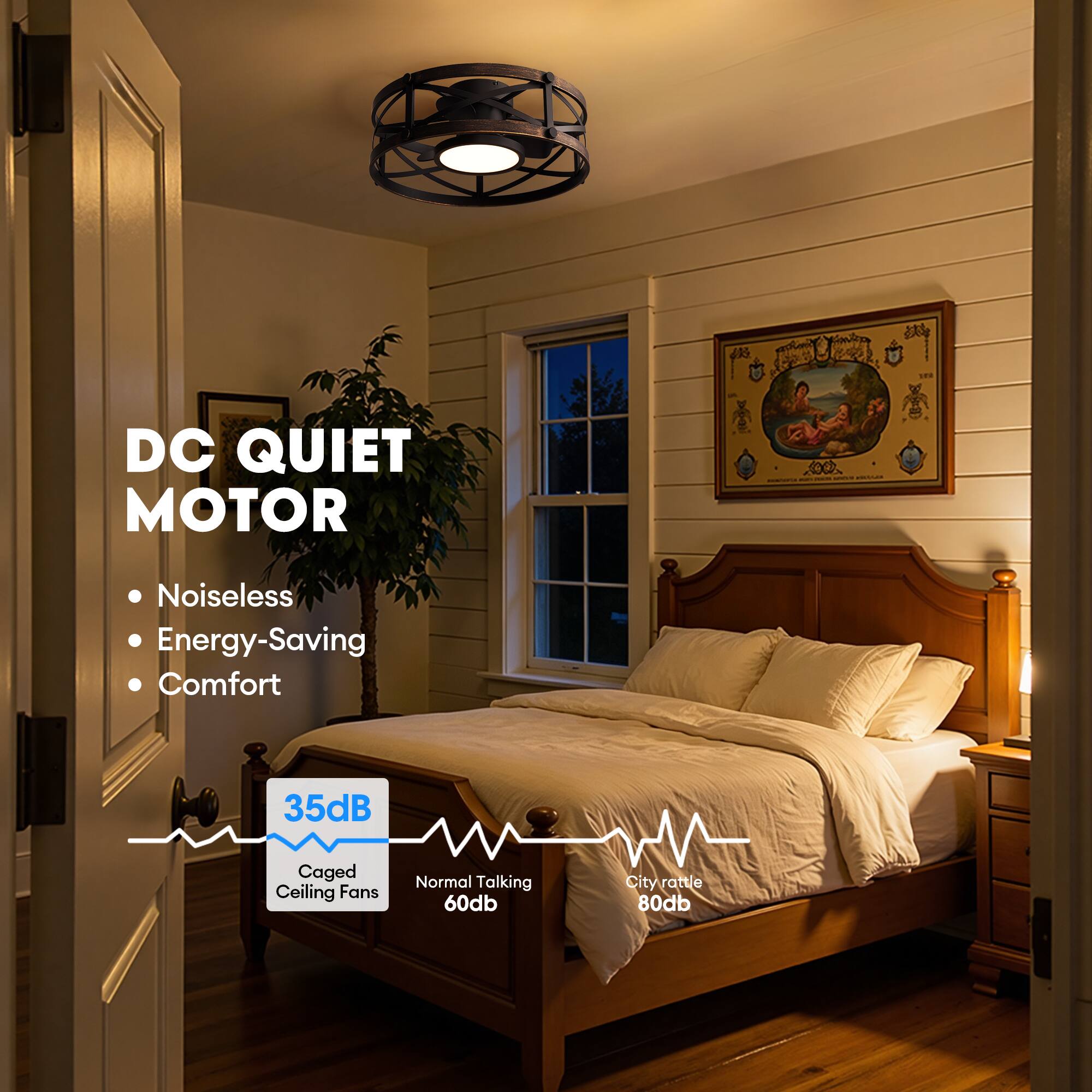 DC QUIET MOTOR  
- Noiseless  
- Energy-Saving  
- Comfort  

35dB  
Caged Ceiling Fans  

Normal Talking 60dB  
City rattle 80dB