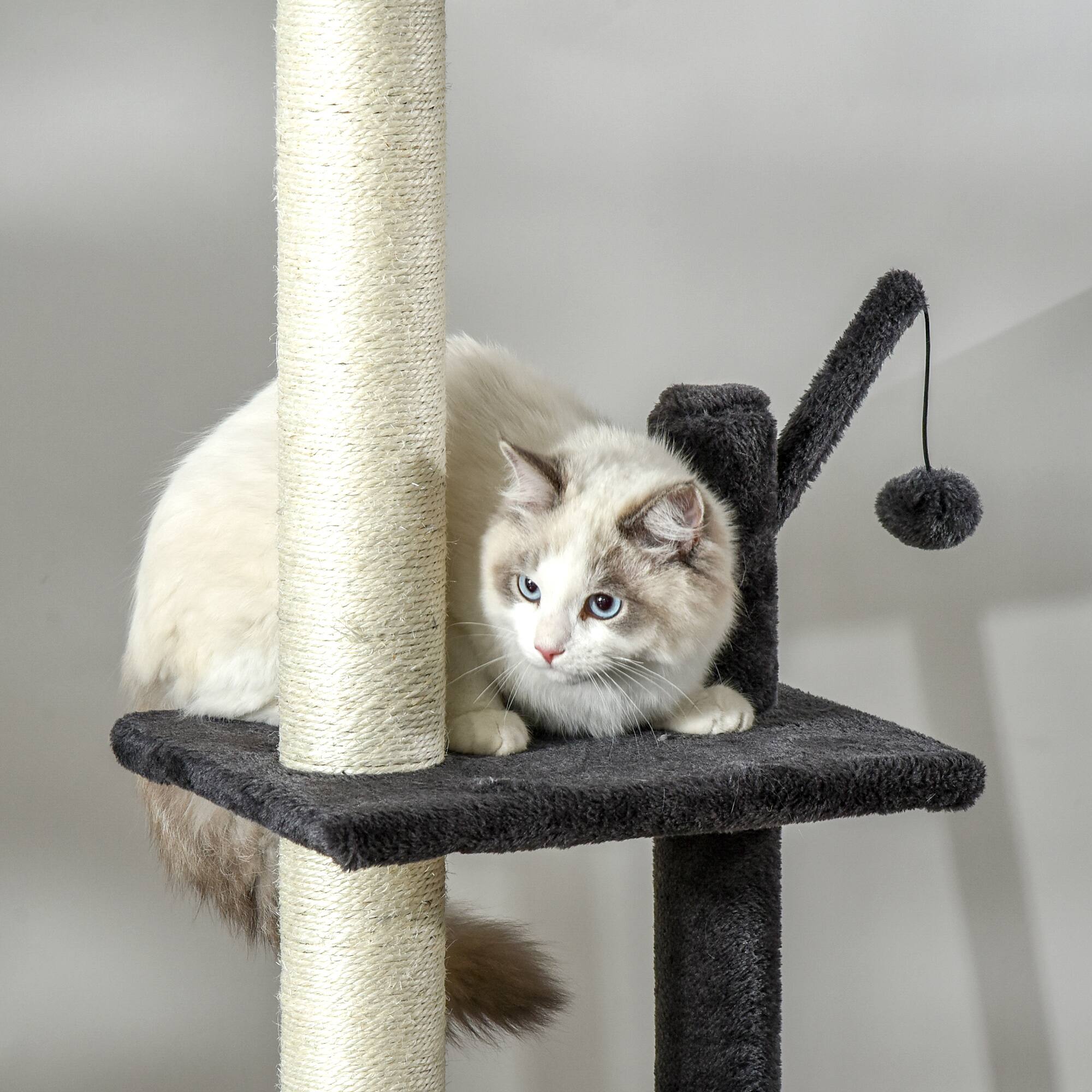 Alt View 4. Pawhut - 106" Huge Floor-to-Ceiling Cat Tree, Climbing Tower, Kitty Activity Center with Scratching Post Board, Hammock - Dark Grey/Charcoal grey.