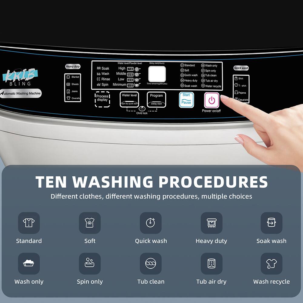 Krib Bling Automatic Washing Machine Heavy Duty

- Water level/Pouler: High, Middle, Low
- Soak: High
- Wash: Middle
- Rinse: Low
- Spin: Minimum
- Water level display
- Remaining time display
- Child lock
- Program delay
- Standard
- Soft
- Quick wash
- Heavy duty
- Soak wash
- Wash only
- Spin only
- Tub clean
- Tub air dry
- Water recycle

Ten Washing Procedures
Different clothes, different washing procedures, multiple choices

- Standard
- Soft
- Quick wash
- Heavy duty
- Soak wash
- Wash only
- Spin only
- Tub clean
- Tub air dry
- Wash recycle