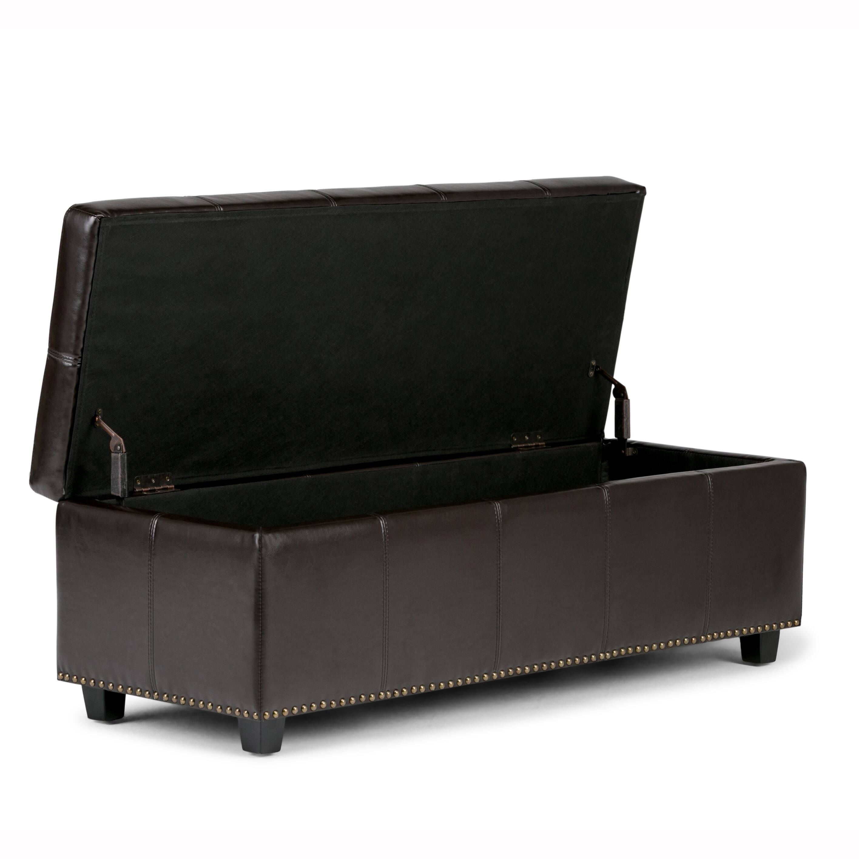Back. Simpli Home - Kingsley 48 inch Wide Large Storage Ottoman in Coffee Brown Vegan Leather - Coffee Brown.