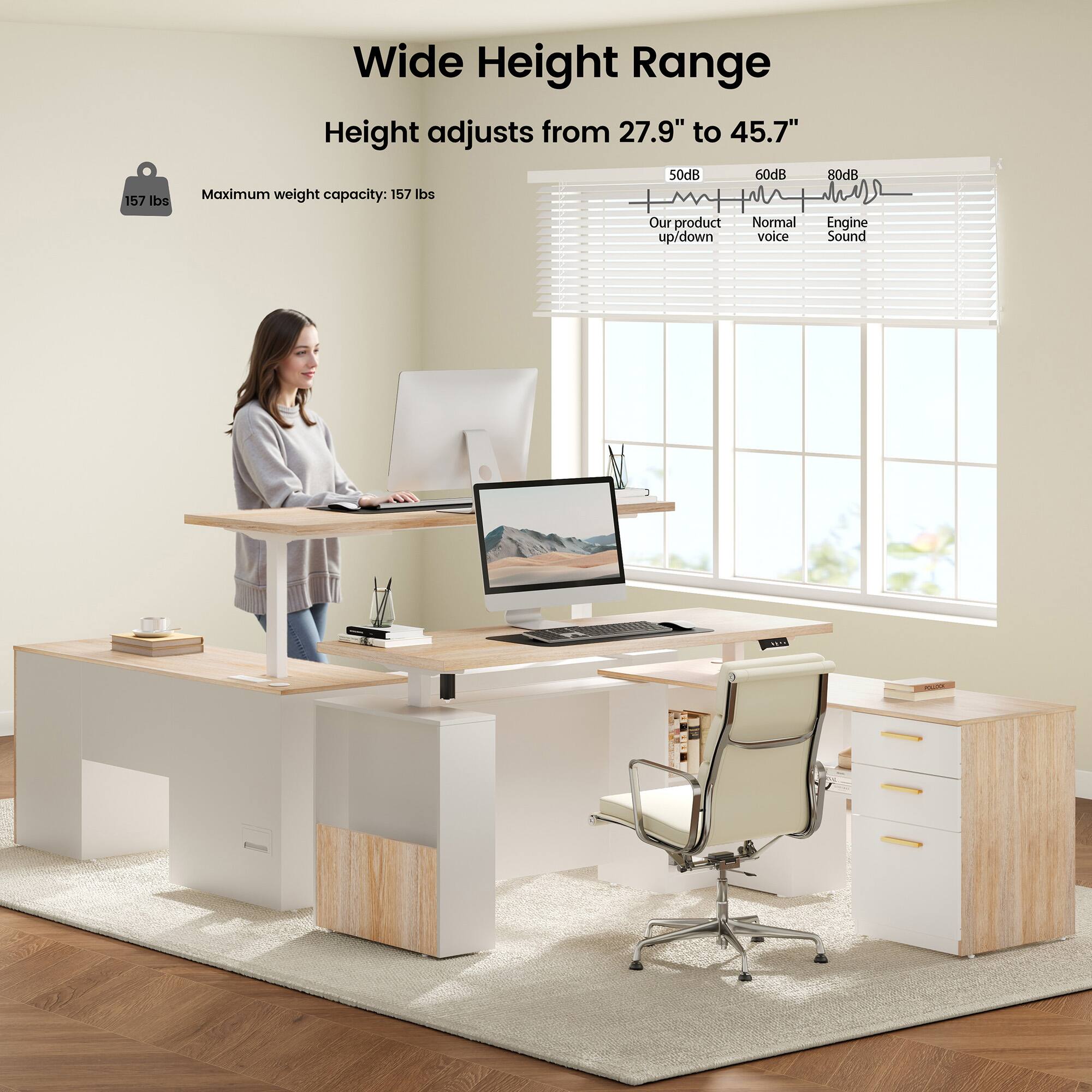 ModernMate - 63" Standing Desk , Privacy Panel, AC/USB , Home Office Table with 3 Drawers - Light Walnut - Thumbnail 5