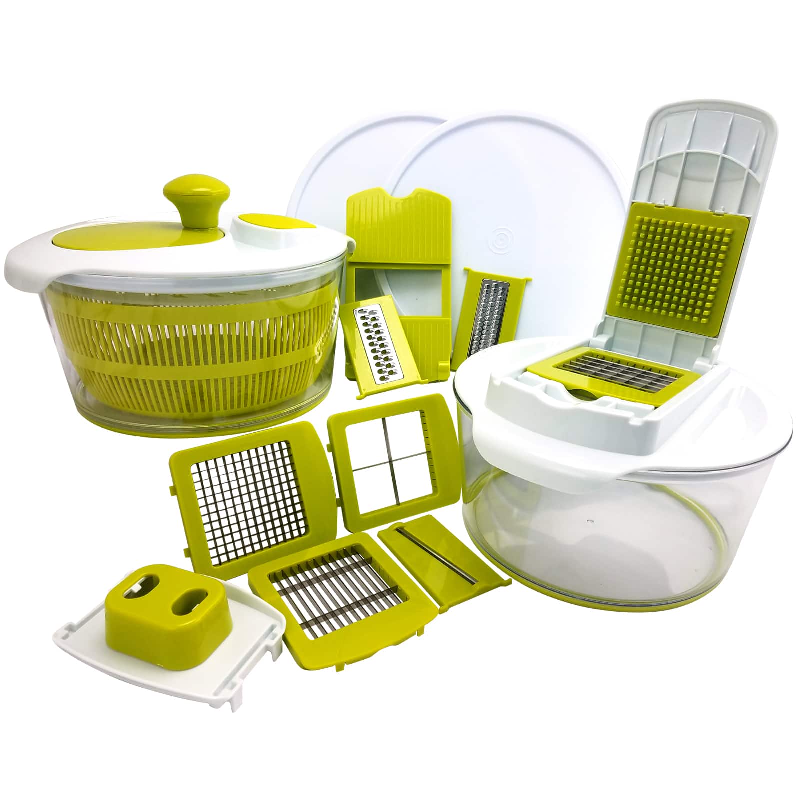 MegaChef - 10 in 1 Multi Use Salad Spinning Slicer, Dicer and Chopper with Interchangeable Blades and Storage Lids - Green