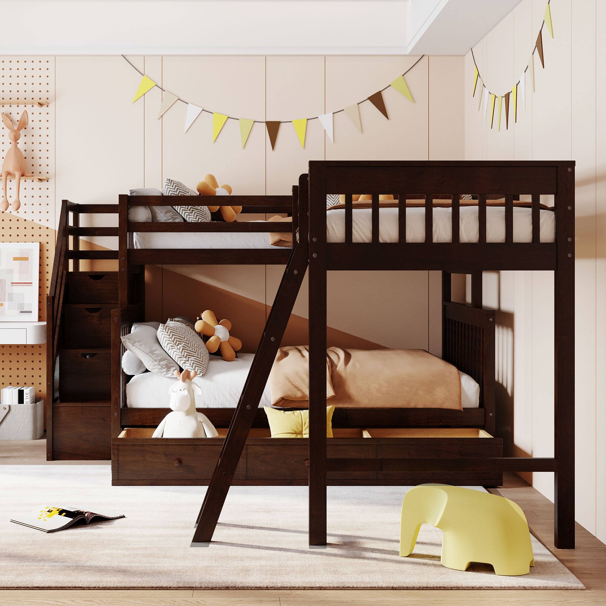 Angle. Tiramisubest - Twin over Full L-Shaped Bunk Bed w/ 3 Drawers, Ladder & Staircase - Espresso: Max Space, Solid Build, Safe Design - Espresso.