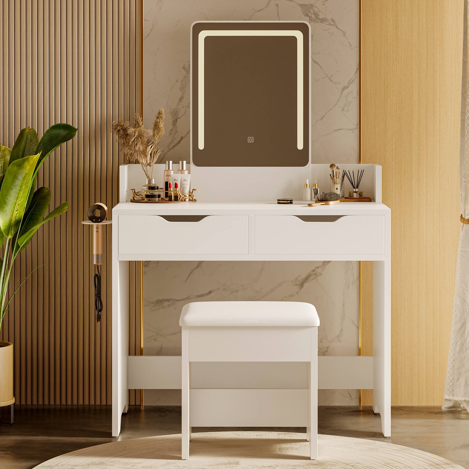 Left. Bestier - Vanity Desk Set with 3-Mode Lighted Mirror, 2 Storage Drawers, Hair Dryer Holder & Edge Safety Guard - White.