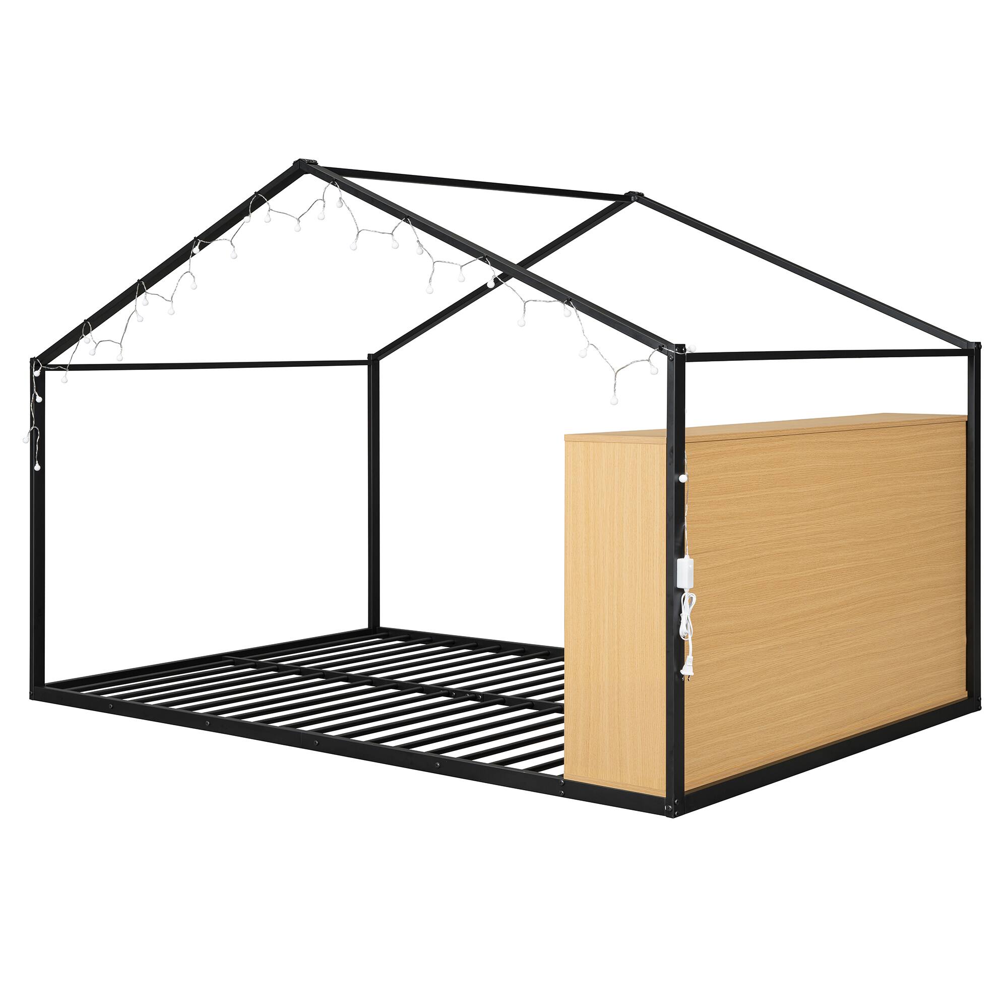 Alt View 4. GOODSILO - Full Size Metal House Bed Frame with Shelves and Lights - Black.
