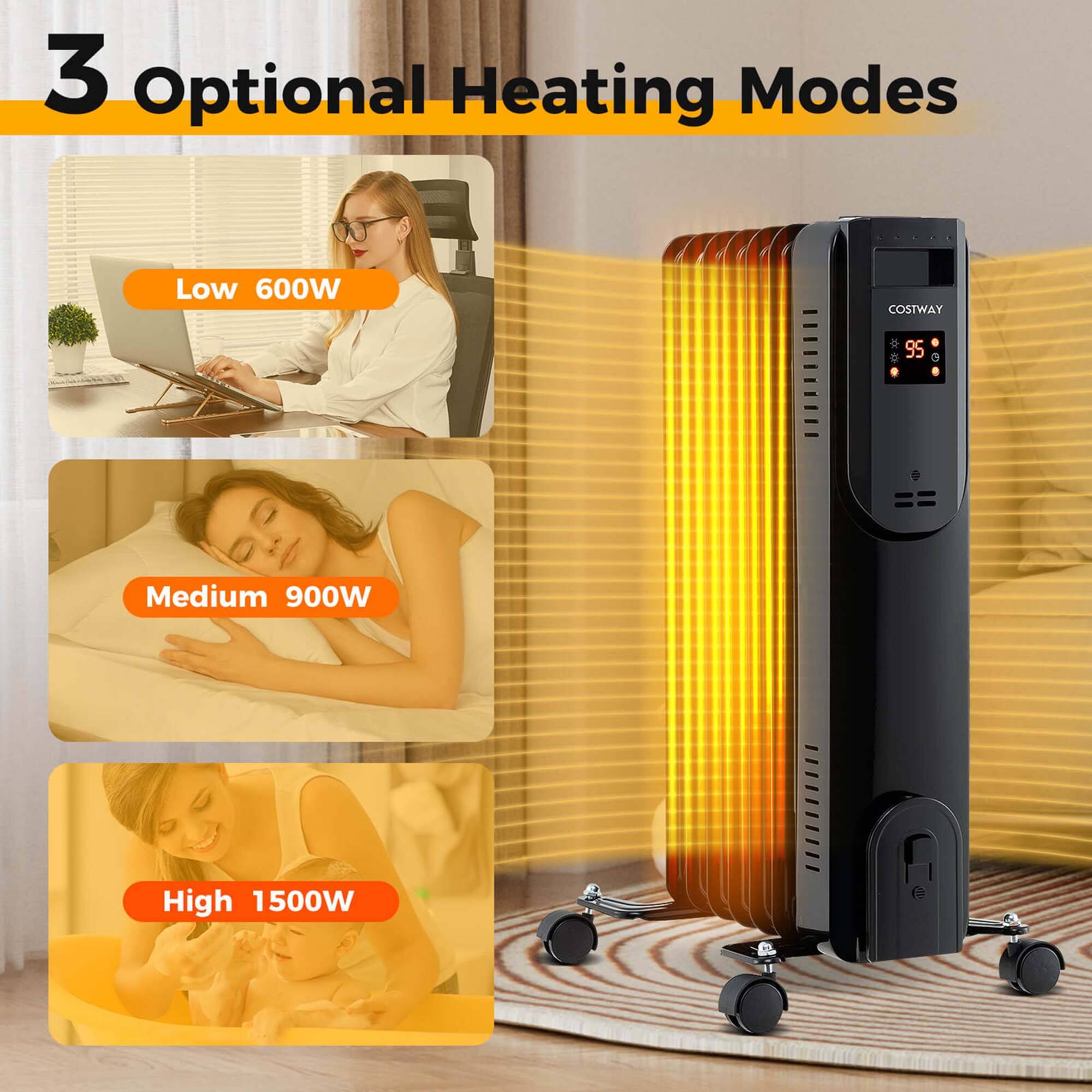 3 Optional Heating Modes

Low 600W

Medium 900W

High 1500W