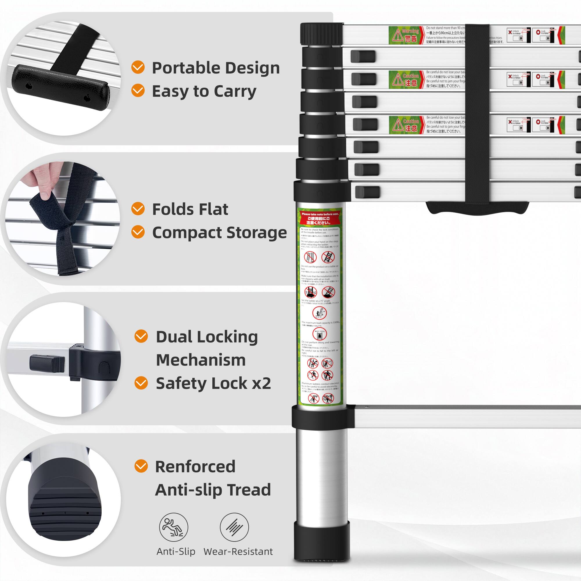 - Portable Design
- Easy to Carry
- Folds Flat
- Compact Storage
- Dual Locking Mechanism
- Safety Lock x2
- Reinforced Anti-slip Tread
- Anti-Slip
- Wear-Resistant