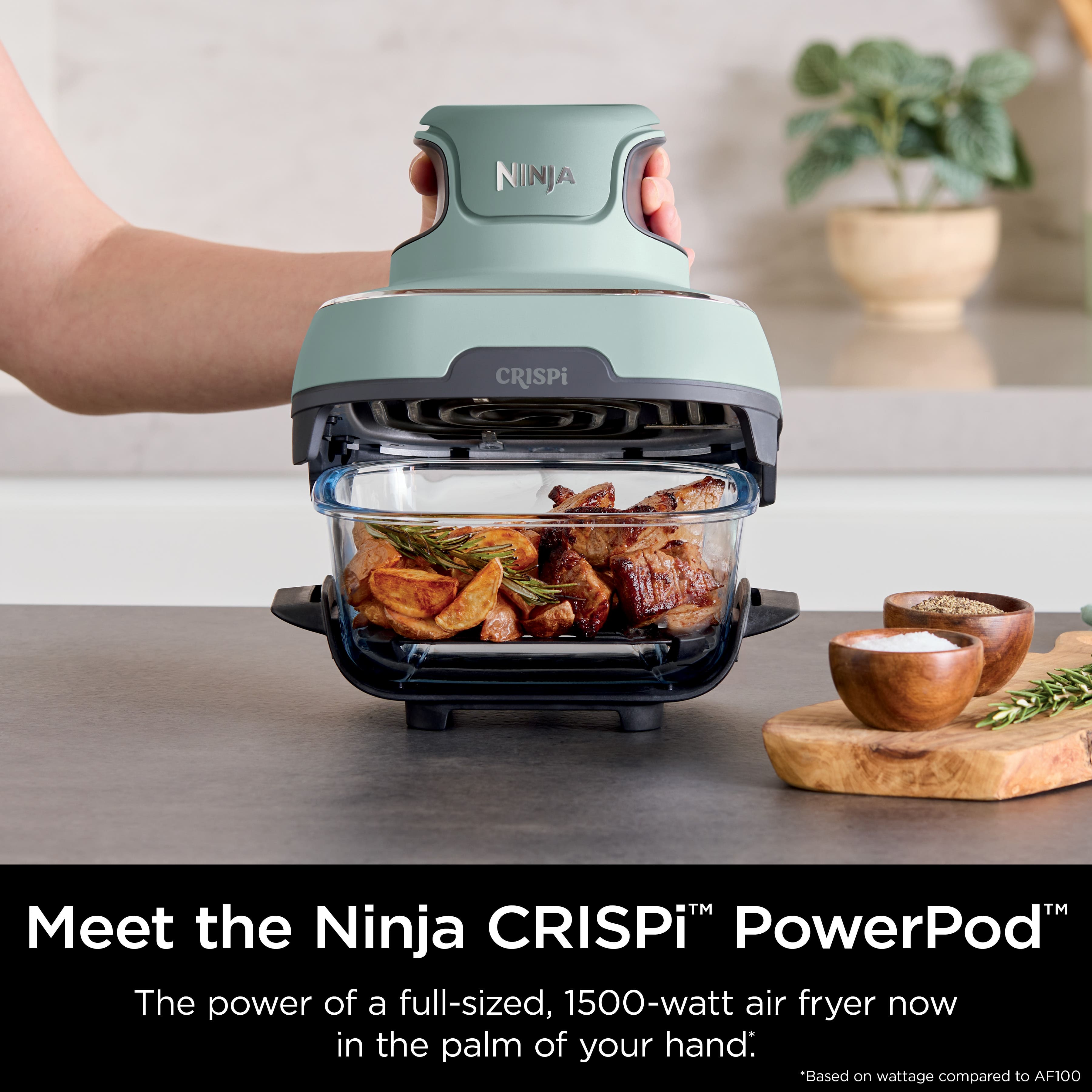 Meet the Ninja CRISPi PowerPod: The power of a full-sized, 1500-watt air fryer now in the palm of your hand.