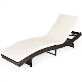 Costway - Patio Rattan Folding Lounge Chair Chaise Adjustable W/Cushion - White
